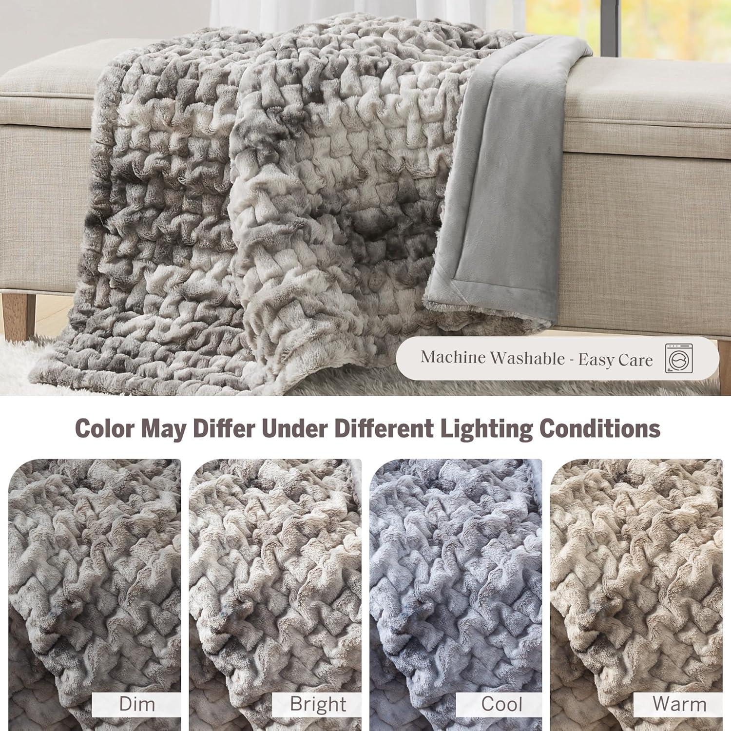 imageMadison Park Ruched Fur Luxury Throw Premium Soft Cozy Brushed Long Faux Fur For Bed Couch or Sofa 50x60quot IvoryGray Tie Dye