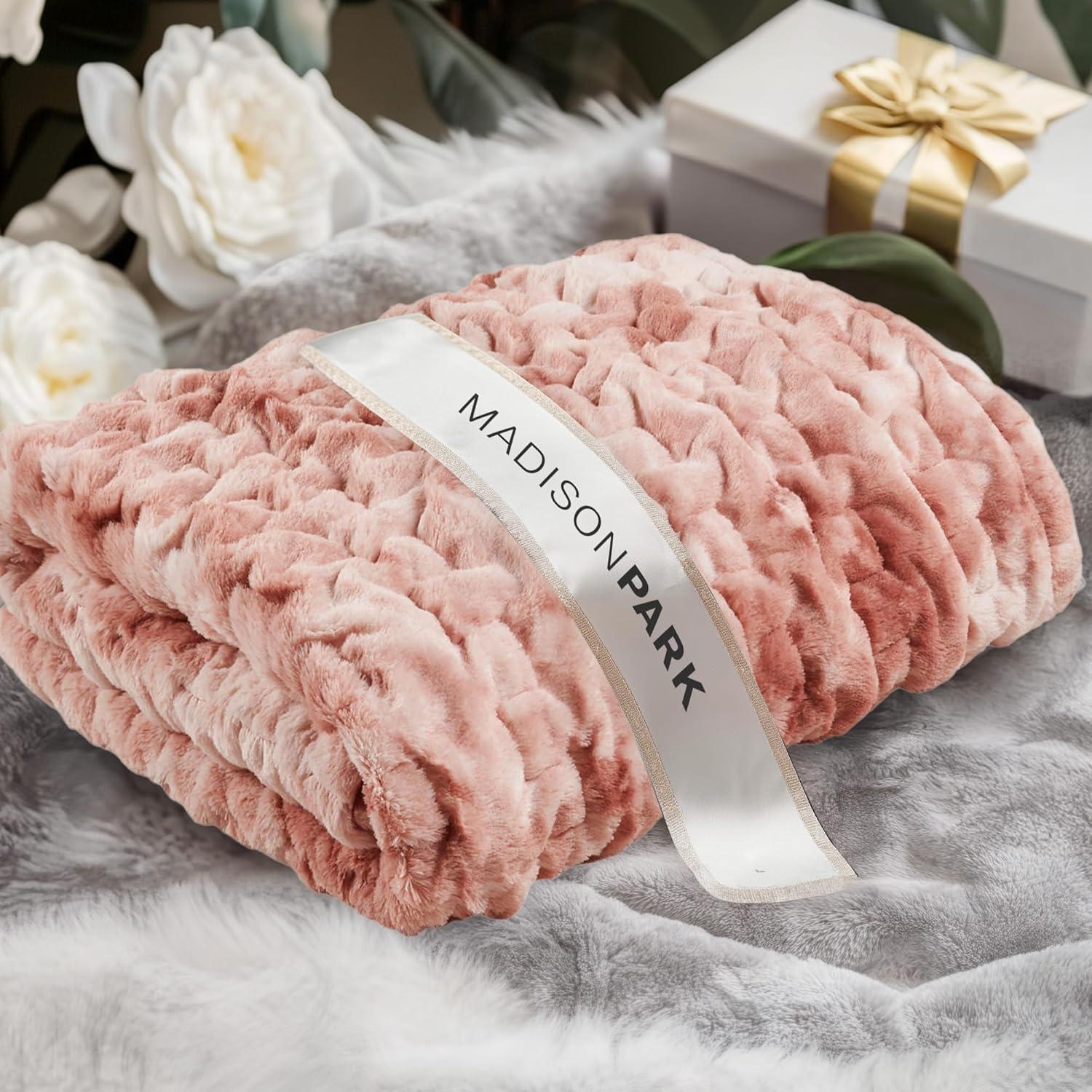 imageMadison Park Ruched Fur Luxury Throw Premium Soft Cozy Brushed Long Faux Fur For Bed Couch or Sofa 50x60quot IvoryPink Tie Dye