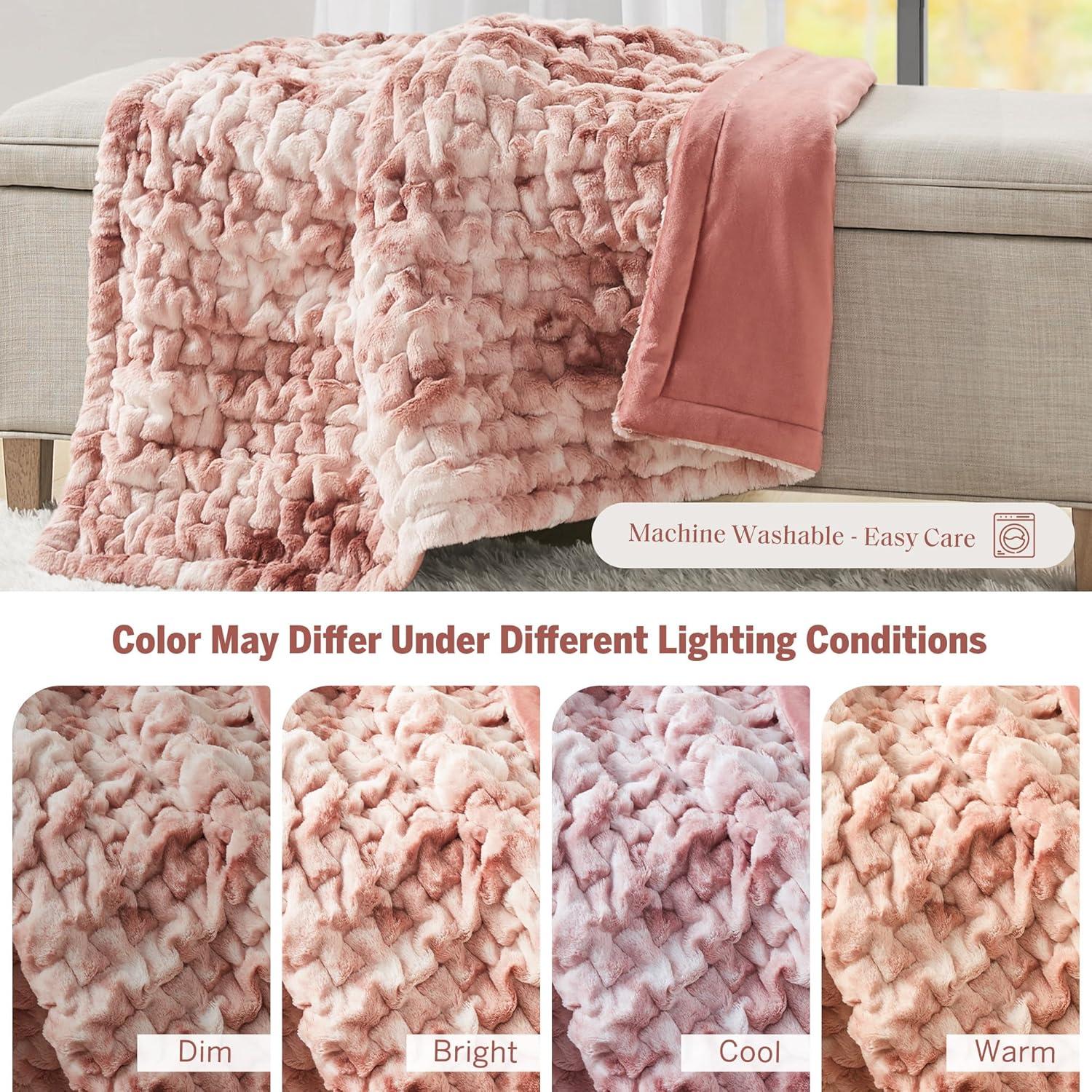 imageMadison Park Ruched Fur Luxury Throw Premium Soft Cozy Brushed Long Faux Fur For Bed Couch or Sofa 50x60quot IvoryPink Tie Dye