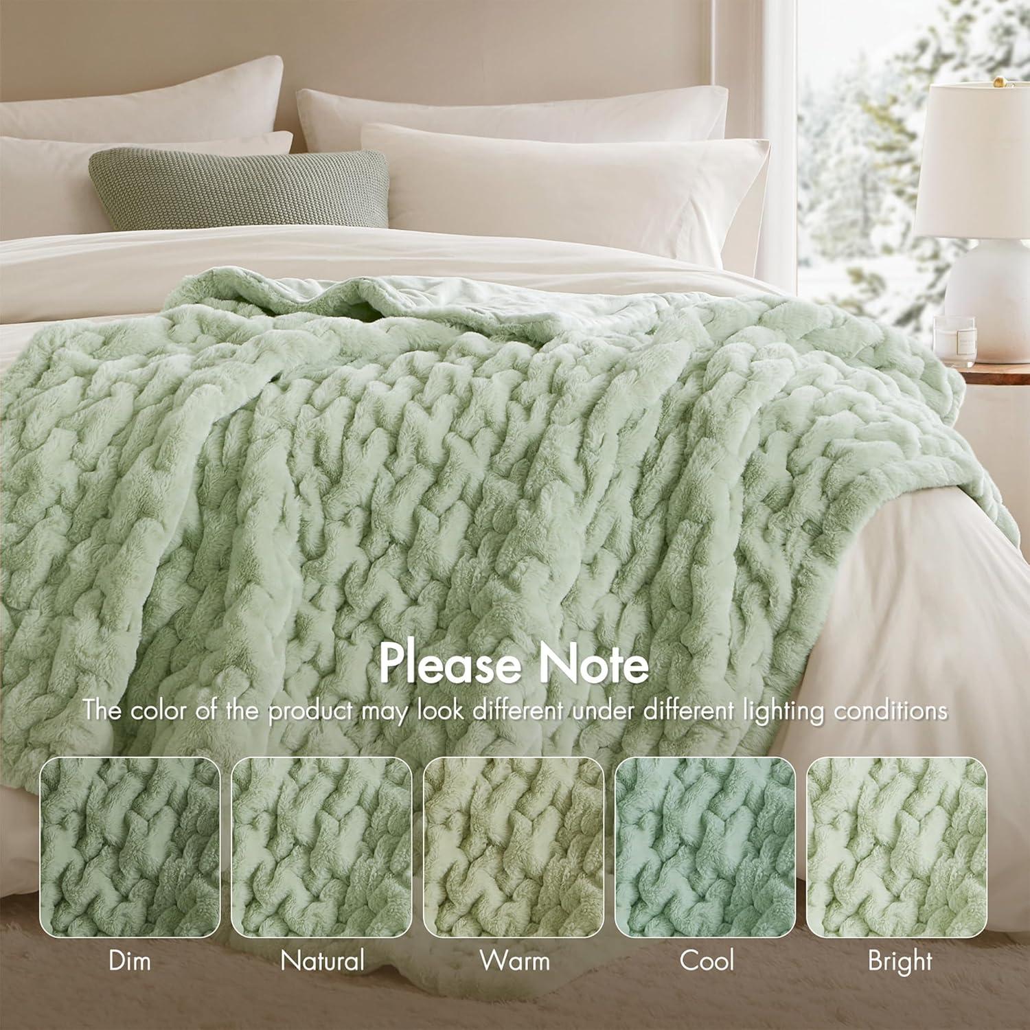 imageMadison Park Ruched Fur Luxury Throw Premium Soft Cozy Brushed Long Faux Fur For Bed Couch or Sofa 50x60quot IvorySage Green