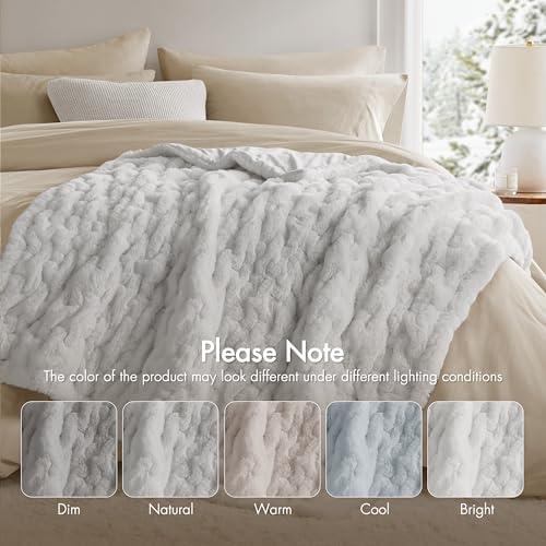 imageMadison Park Ruched Fur Luxury Throw Premium Soft Cozy Brushed Long Faux Fur For Bed Couch or Sofa 50x60quot IvorySilver Grey