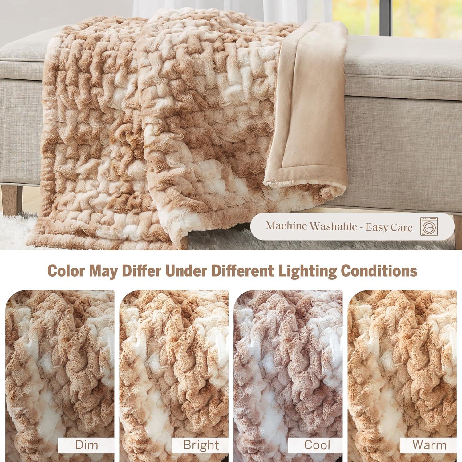 imageMadison Park Ruched Fur Luxury Throw Premium Soft Cozy Brushed Long Faux Fur For Bed Couch or Sofa 50x60quot IvoryTan Tie Dye