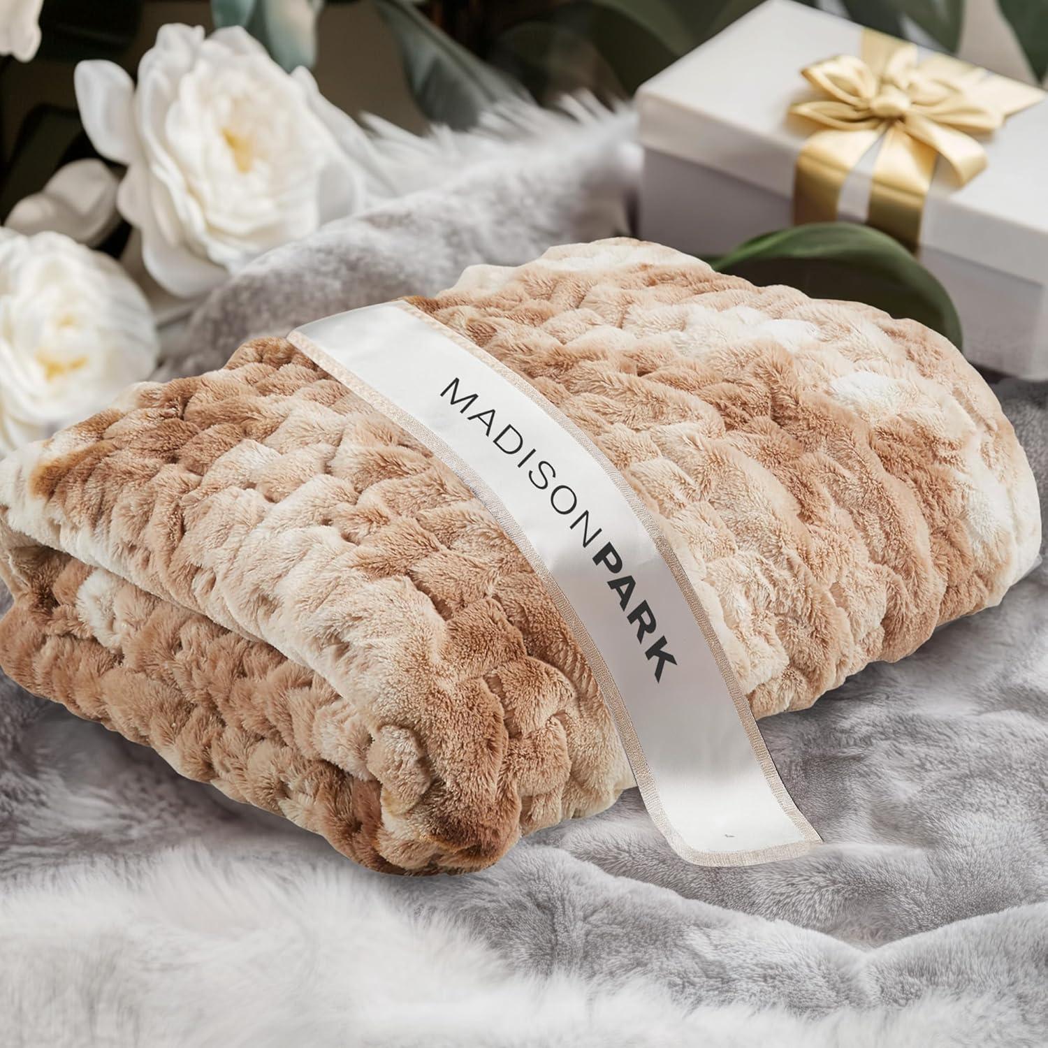 imageMadison Park Ruched Fur Luxury Throw Premium Soft Cozy Brushed Long Faux Fur For Bed Couch or Sofa 50x60quot IvoryTan Tie Dye