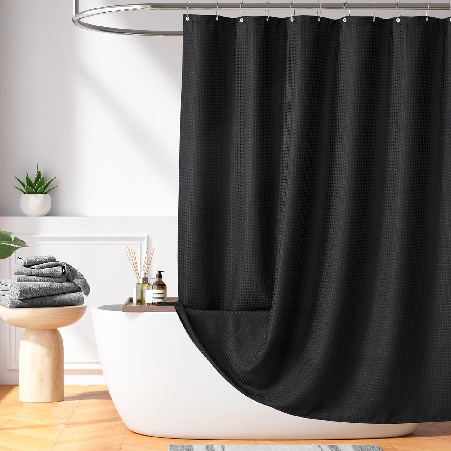 imageMadison Park Shower Curtain Waffle Weave Vibrant Dyed Waffle Shower Curtain 3M Scotchgard Moisture Management Farmhouse Long Shower Curtains for Bathroom Long 72x78 WhiteSolid Black