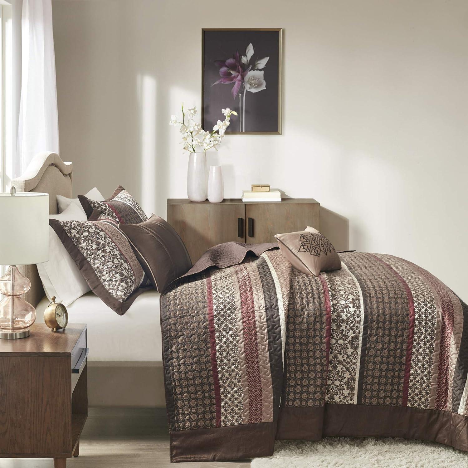 imageMadison Park Traditional Damask Design All Season Lightweight Coverlet Bedspread Bedding Set Matching Shams Pillows 102quotx118quot Bellagio Jacquard Grey 5 PieceRedBrown