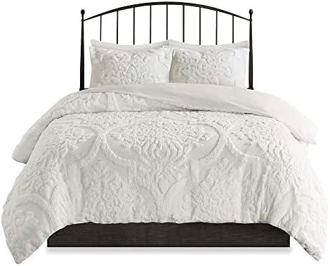 imageMadison Park Tufted Chenille 100 Cotton Duvet Modern Luxe All Season Comforter Cover Bed Set with Matching Shams FullQueen90quotx90quot Palm Leaf Off White 3 PieceViola Damask White