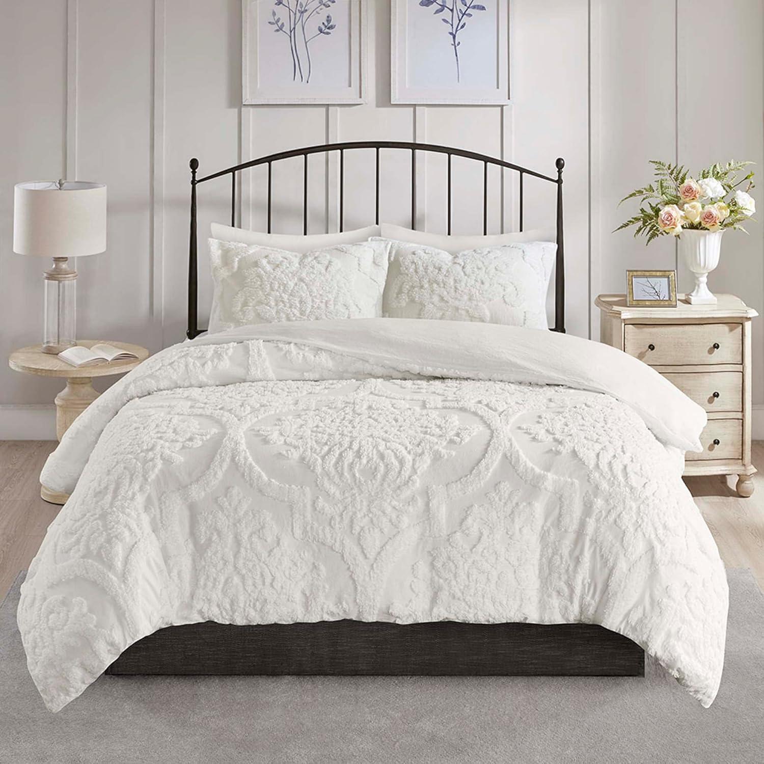 imageMadison Park Tufted Chenille 100 Cotton Duvet Modern Luxe All Season Comforter Cover Bed Set with Matching Shams FullQueen90quotx90quot Palm Leaf Off White 3 PieceViola Damask White