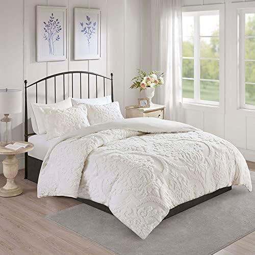 imageMadison Park Tufted Chenille 100 Cotton Duvet Modern Luxe All Season Comforter Cover Bed Set with Matching Shams FullQueen90quotx90quot Palm Leaf Off White 3 PieceViola Damask White