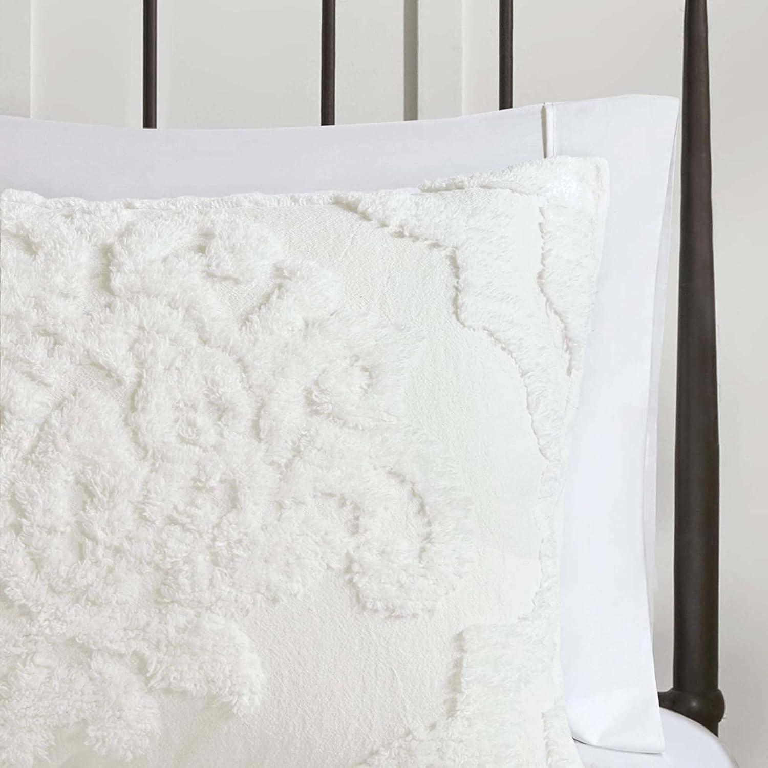imageMadison Park Tufted Chenille Cotton Comforter All Season Bedding Set Matching Shams Viola Damask Off White KingCal King104quotx92quot 3 PieceDamask White