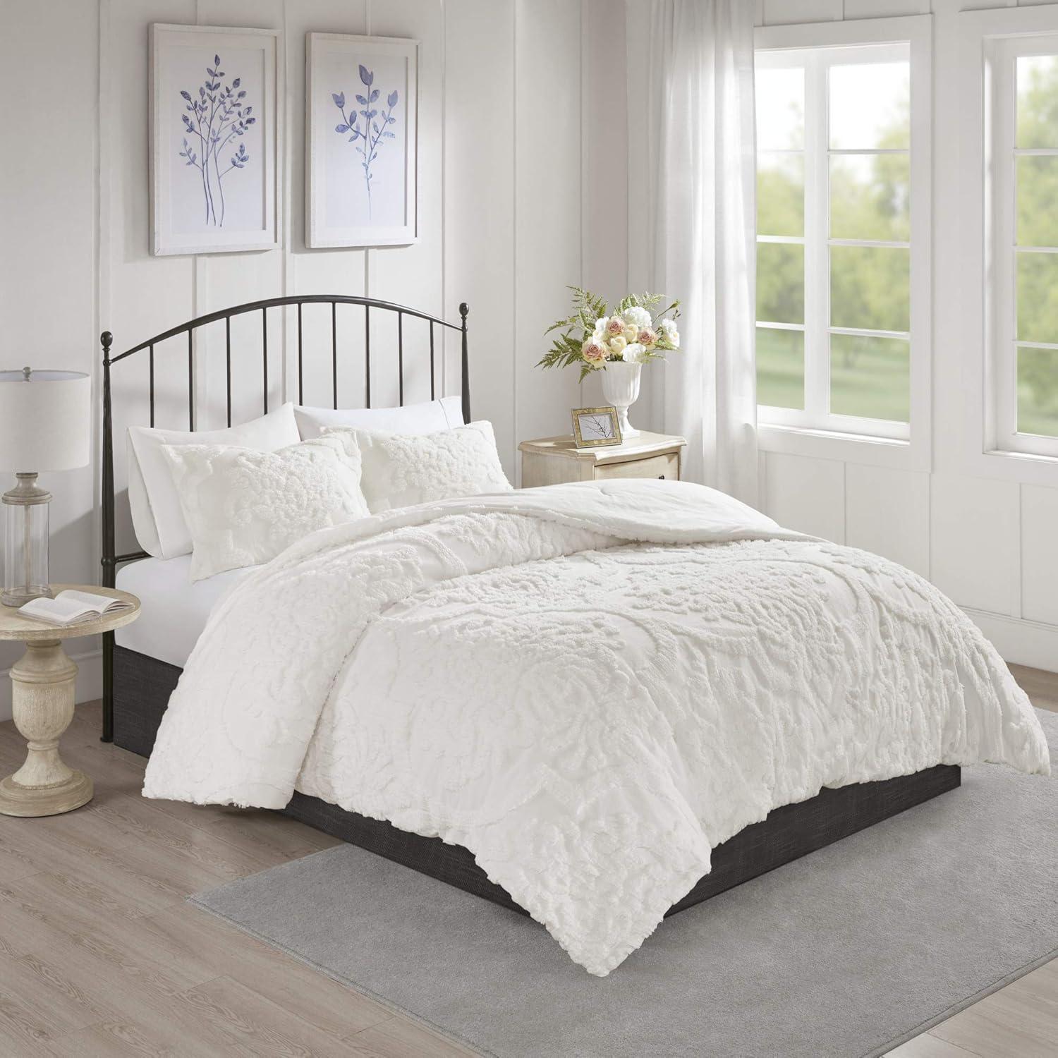 imageMadison Park Tufted Chenille Cotton Comforter All Season Bedding Set Matching Shams Viola Damask Off White KingCal King104quotx92quot 3 PieceDamask White