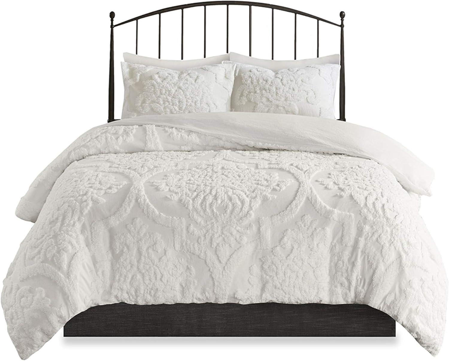 imageMadison Park Tufted Chenille Cotton Comforter All Season Bedding Set Matching Shams Viola Damask Off White KingCal King104quotx92quot 3 PieceDamask White