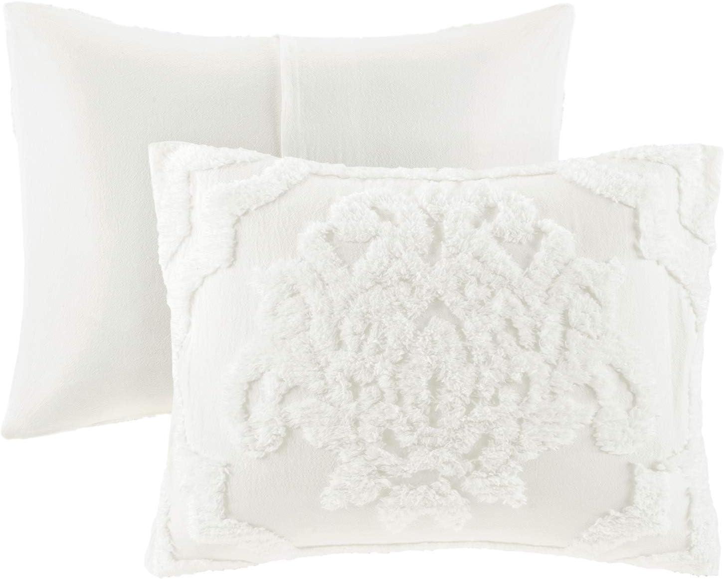 imageMadison Park Tufted Chenille Cotton Comforter All Season Bedding Set Matching Shams Viola Damask Off White KingCal King104quotx92quot 3 PieceDamask White