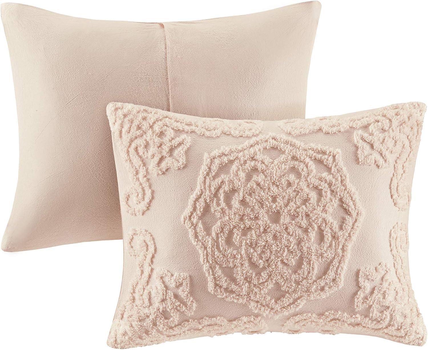 imageMadison Park Tufted Chenille Cotton Comforter All Season Bedding Set Matching Shams Viola Damask Off White KingCal King104quotx92quot 3 PieceFloral Blush