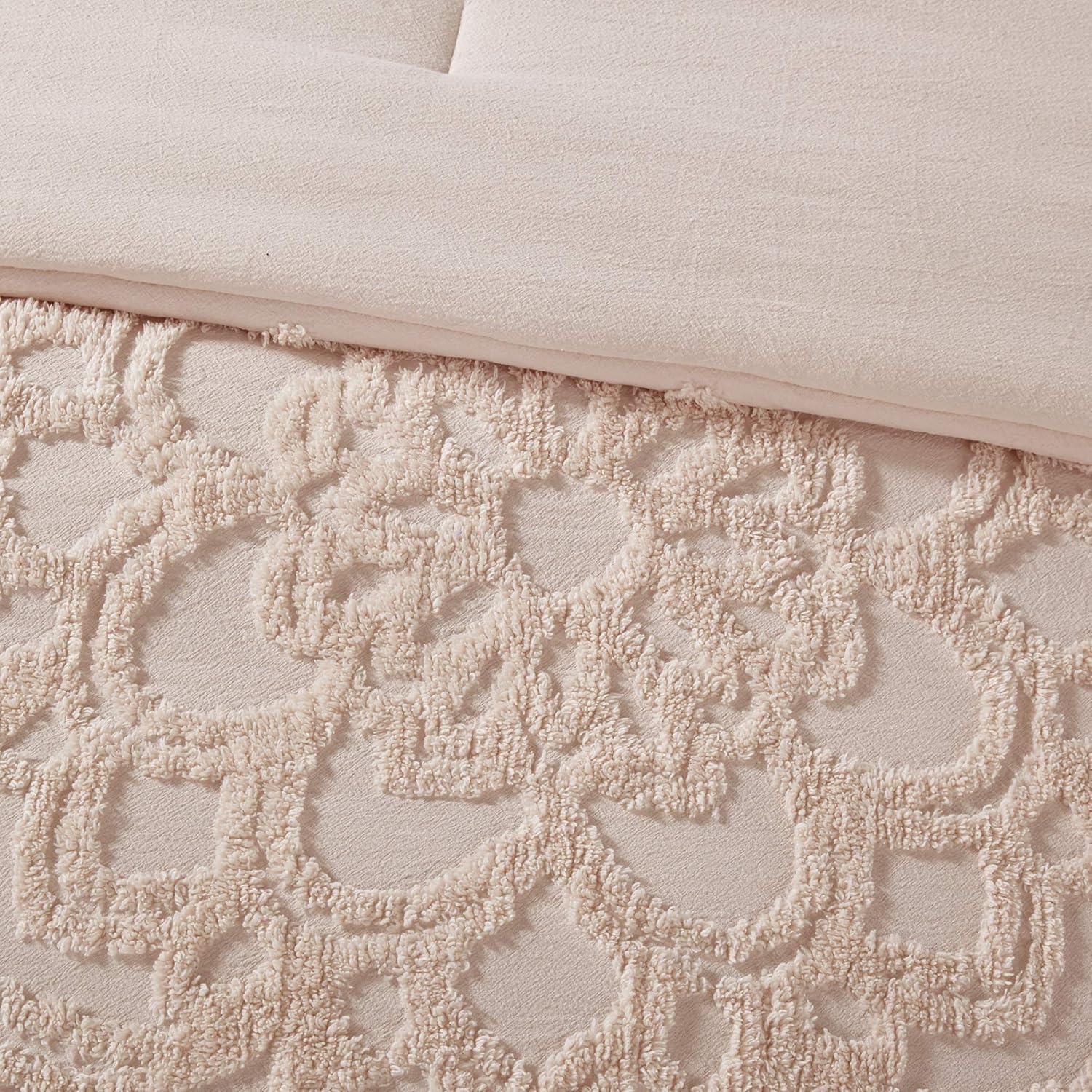 imageMadison Park Tufted Chenille Cotton Comforter All Season Bedding Set Matching Shams Viola Damask Off White KingCal King104quotx92quot 3 PieceFloral Blush