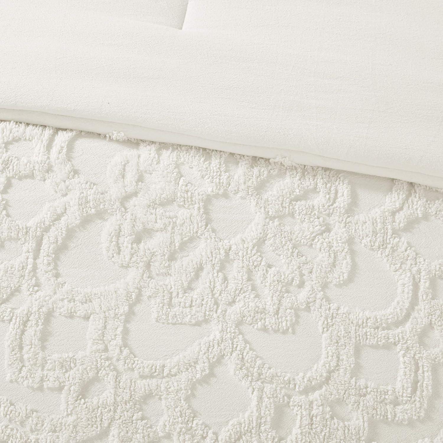 imageMadison Park Tufted Chenille Cotton Comforter All Season Bedding Set Matching Shams Viola Damask Off White KingCal King104quotx92quot 3 PieceFloral Off White