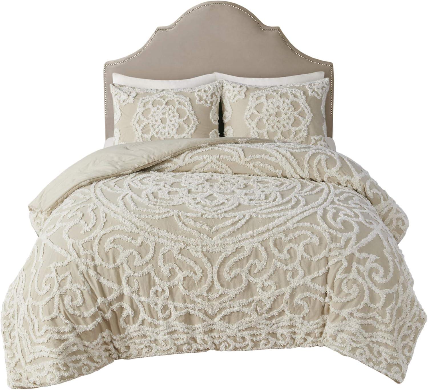 imageMadison Park Tufted Chenille Cotton Comforter All Season Bedding Set Matching Shams Viola Damask Off White KingCal King104quotx92quot 3 PieceFloral Taupe