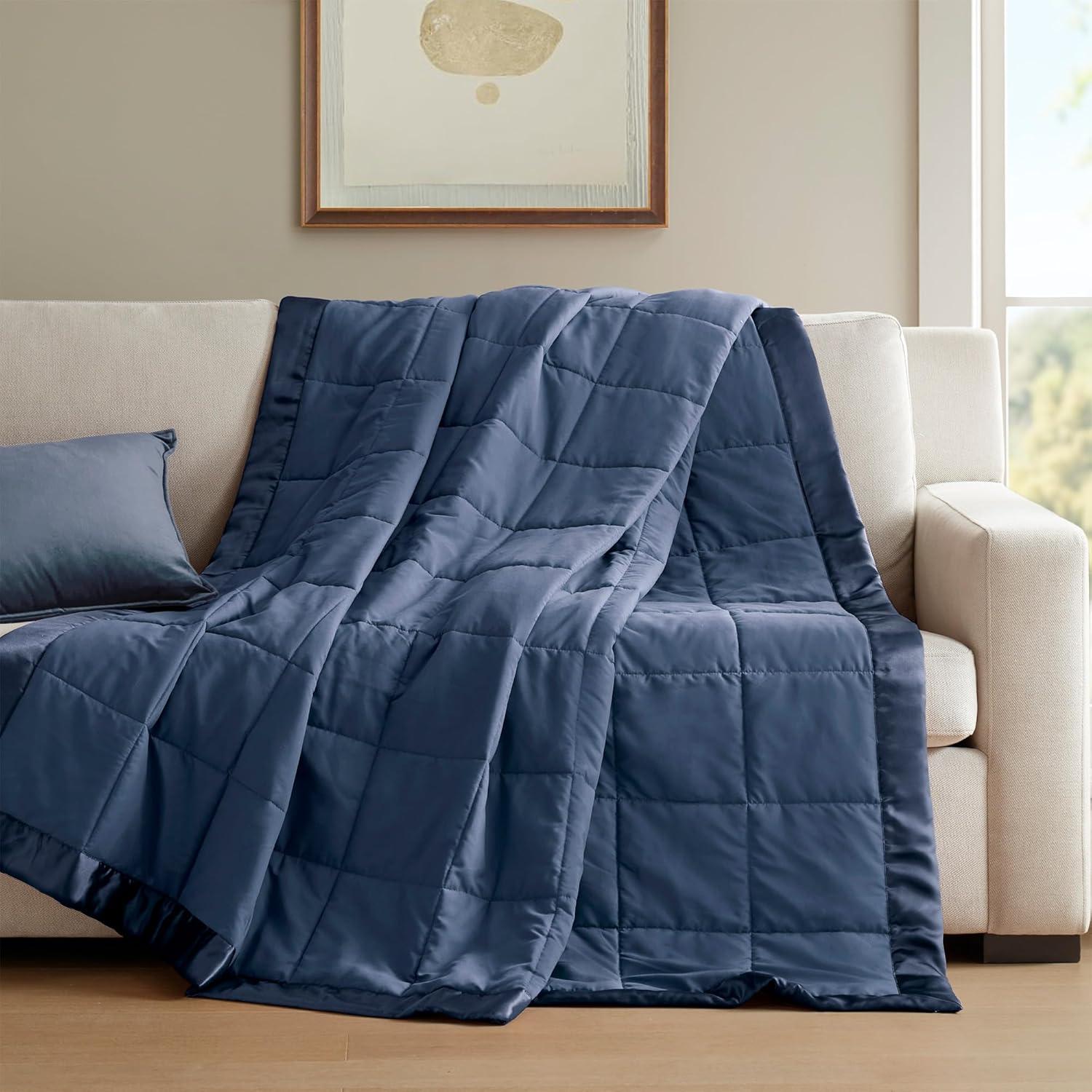 imageMadison Park Twin Blanket Quilted Microfiber Satin Binding 3M Scotchgard Moisture Wicking Treatment Soft and Lightweight Summer Blanket for Couch Windom Twin OrangeSatin Trim Navy