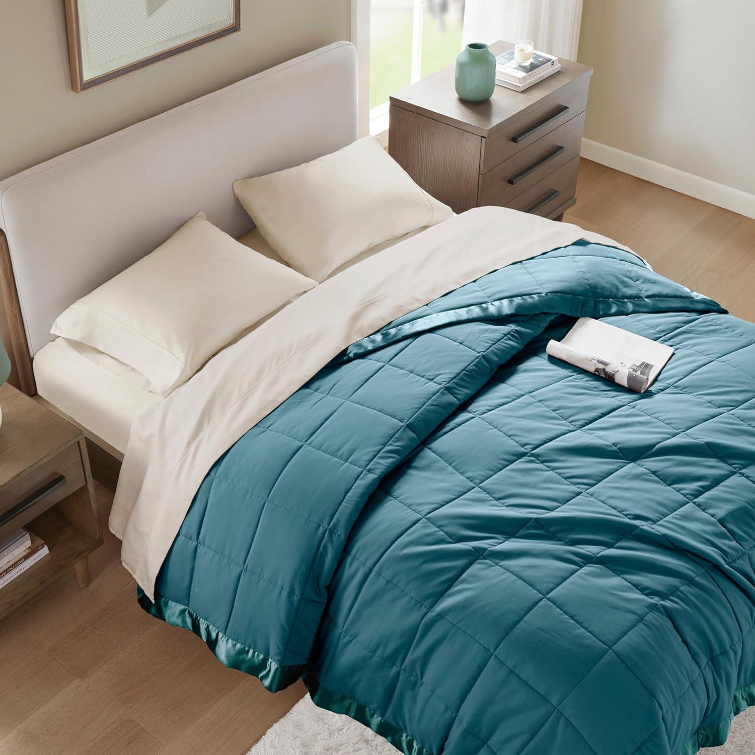 imageMadison Park Twin Blanket Quilted Microfiber Satin Binding 3M Scotchgard Moisture Wicking Treatment Soft and Lightweight Summer Blanket for Couch Windom Twin OrangeSatin Trim Teal