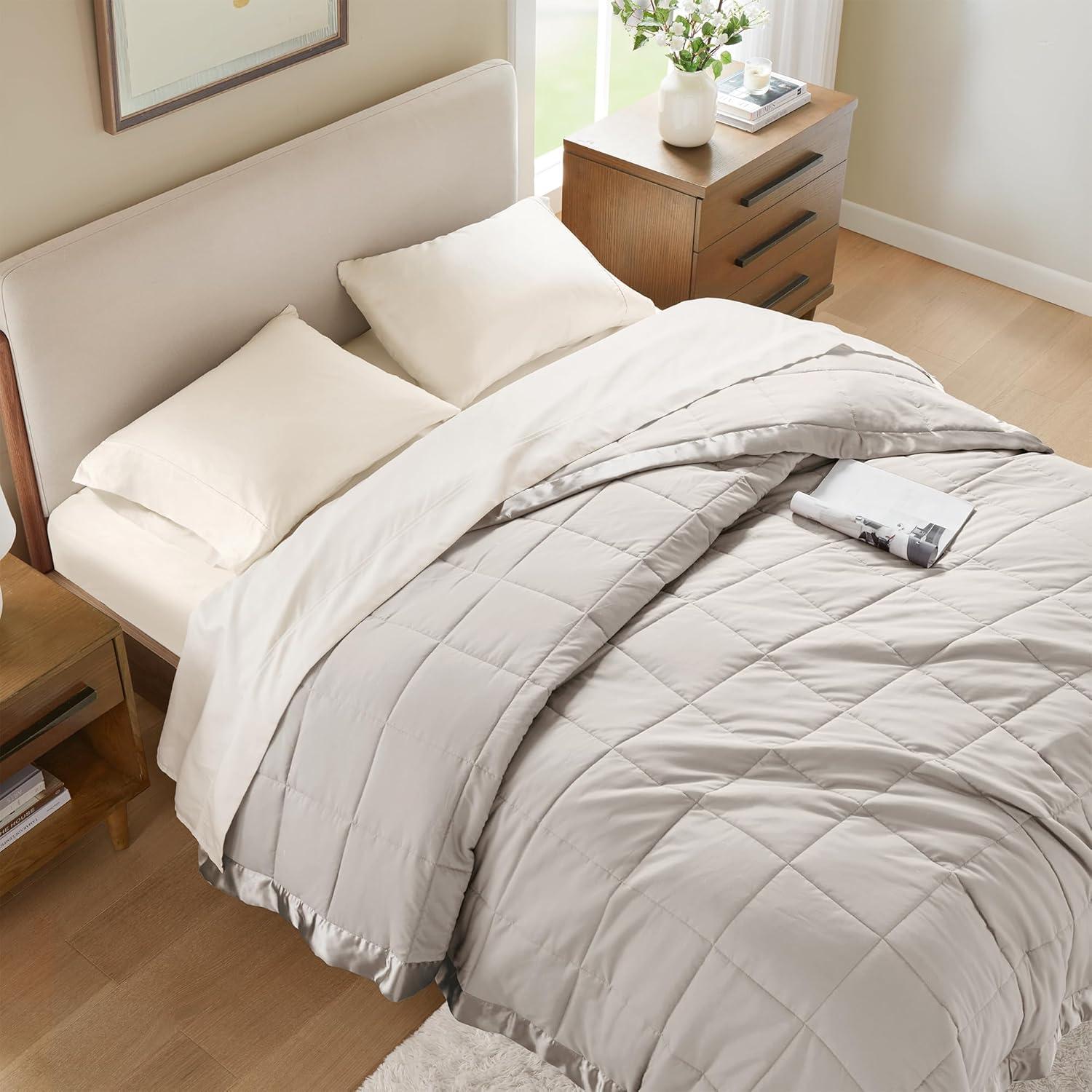 imageMadison Park Twin Blanket Quilted Microfiber Satin Binding 3M Scotchgard Moisture Wicking Treatment Soft and Lightweight Summer Blanket for Couch Windom Twin OrangeSatin Trim Warm Grey