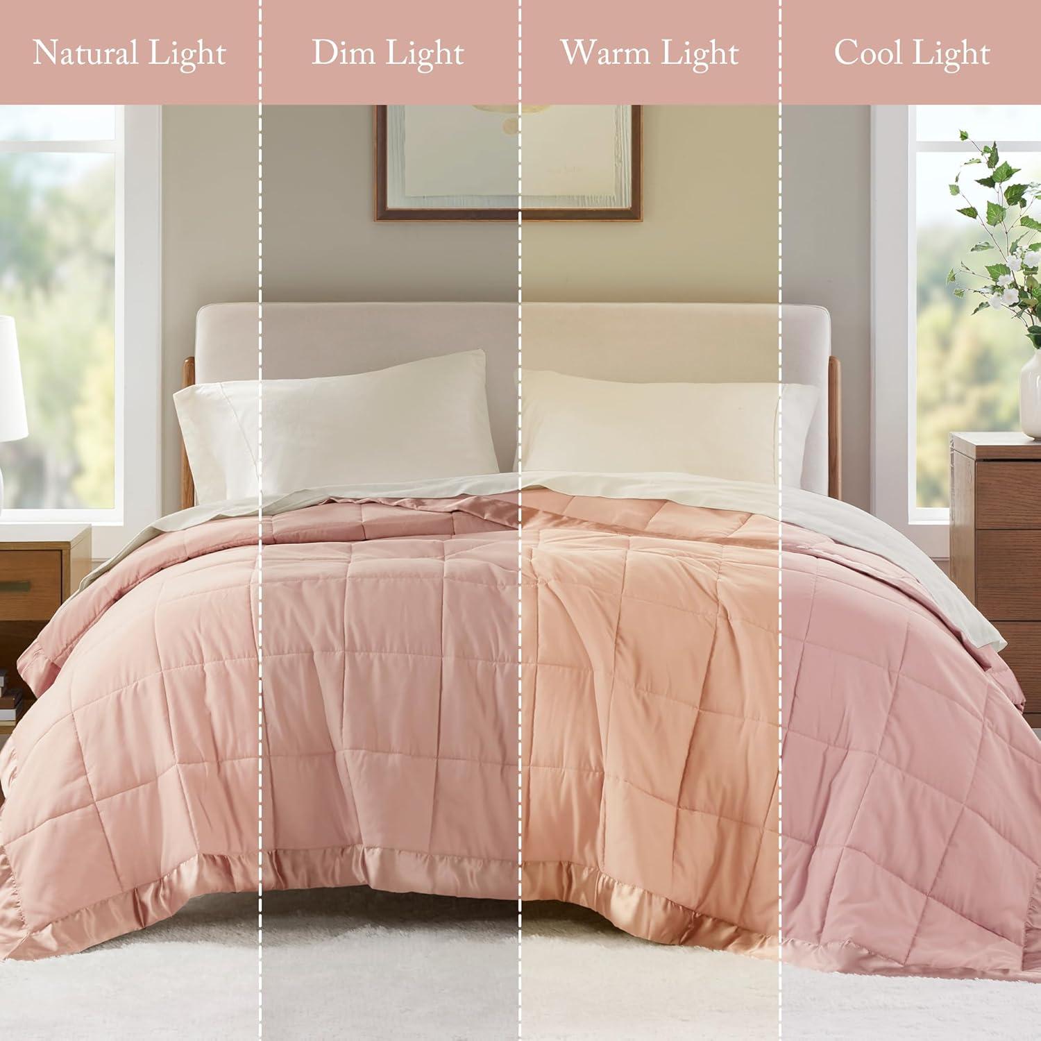 imageMadison Park Twin Blanket Quilted Microfiber Satin Binding 3M Scotchgard Moisture Wicking Treatment Soft and Lightweight Summer Blanket for Couch Windom Twin OrangeSatin Trim Blush