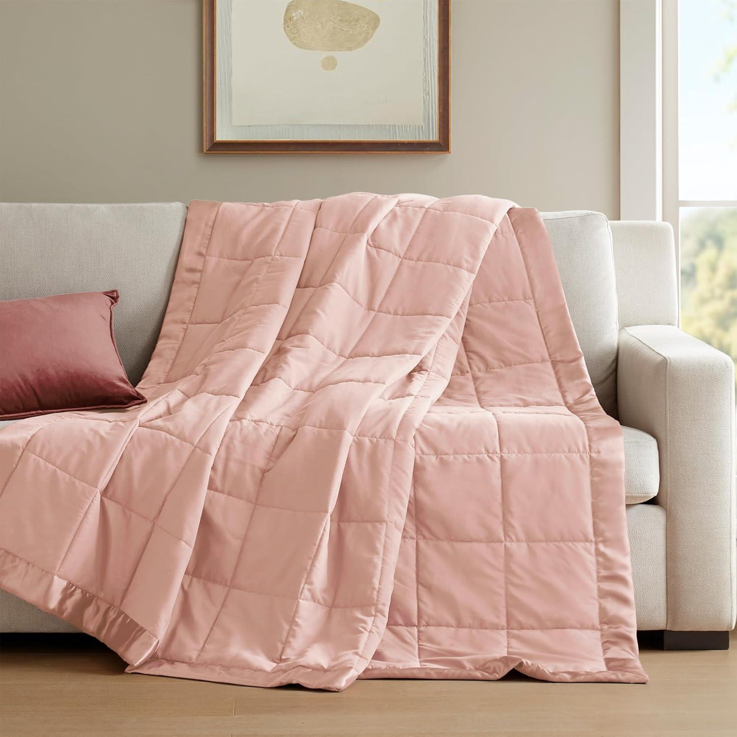 imageMadison Park Twin Blanket Quilted Microfiber Satin Binding 3M Scotchgard Moisture Wicking Treatment Soft and Lightweight Summer Blanket for Couch Windom Twin OrangeSatin Trim Blush