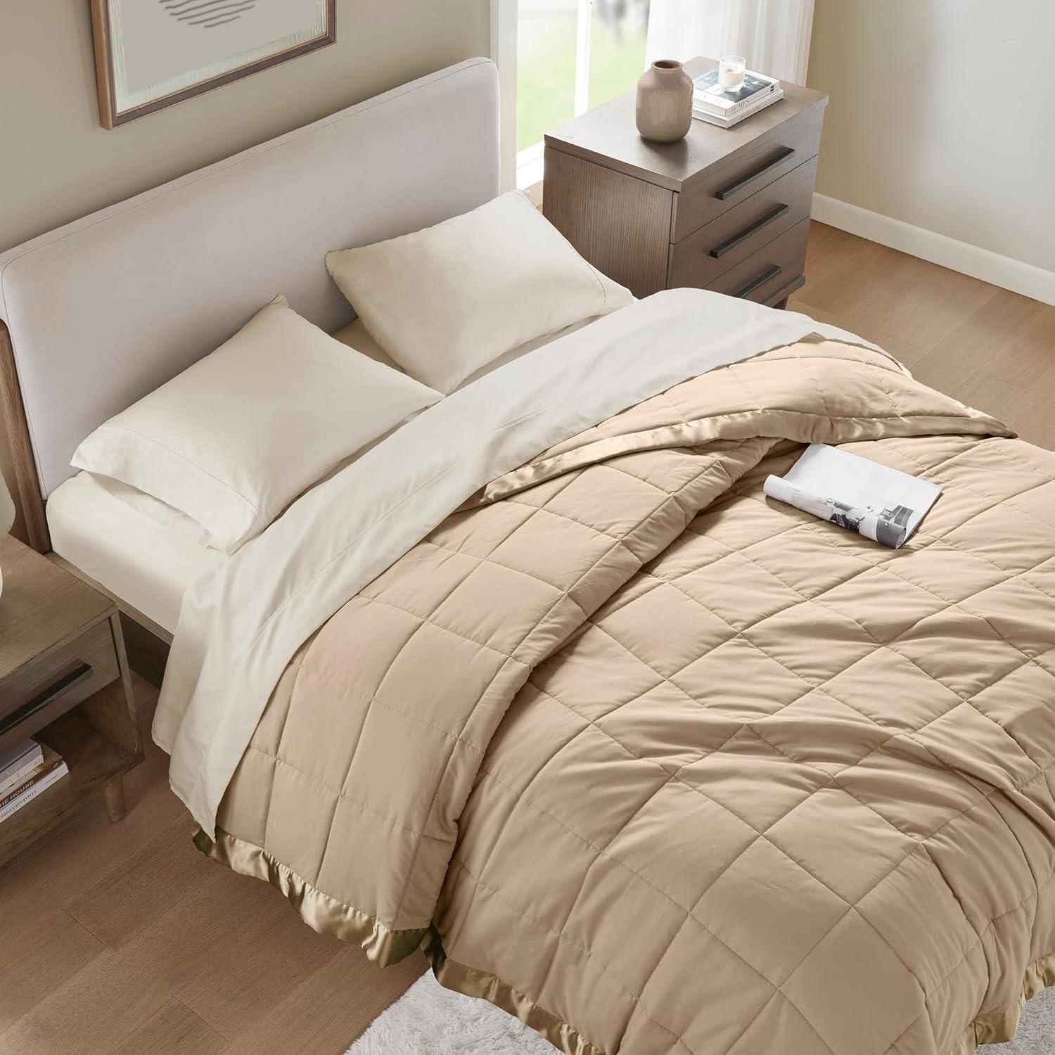 imageMadison Park Twin Blanket Quilted Microfiber Satin Binding 3M Scotchgard Moisture Wicking Treatment Soft and Lightweight Summer Blanket for Couch Windom Twin OrangeSatin Trim Brown