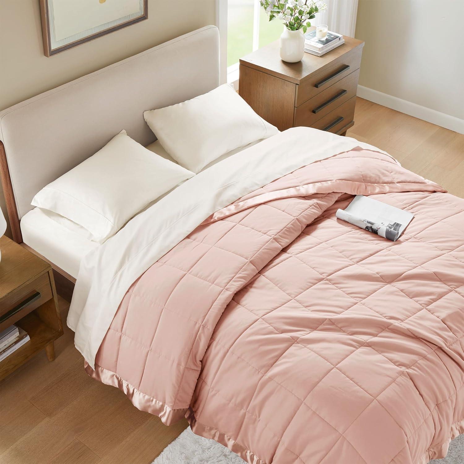 imageMadison Park Twin Blanket Quilted Microfiber Satin Binding 3M Scotchgard Moisture Wicking Treatment Soft and Lightweight Summer Blanket for Couch Windom Twin OrangeSatin Trim Blush