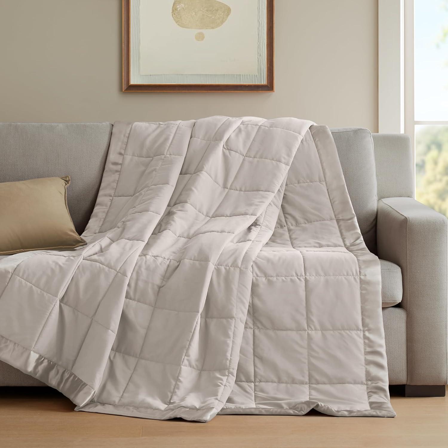 imageMadison Park Twin Blanket Quilted Microfiber Satin Binding 3M Scotchgard Moisture Wicking Treatment Soft and Lightweight Summer Blanket for Couch Windom Twin OrangeSatin Trim Warm Grey