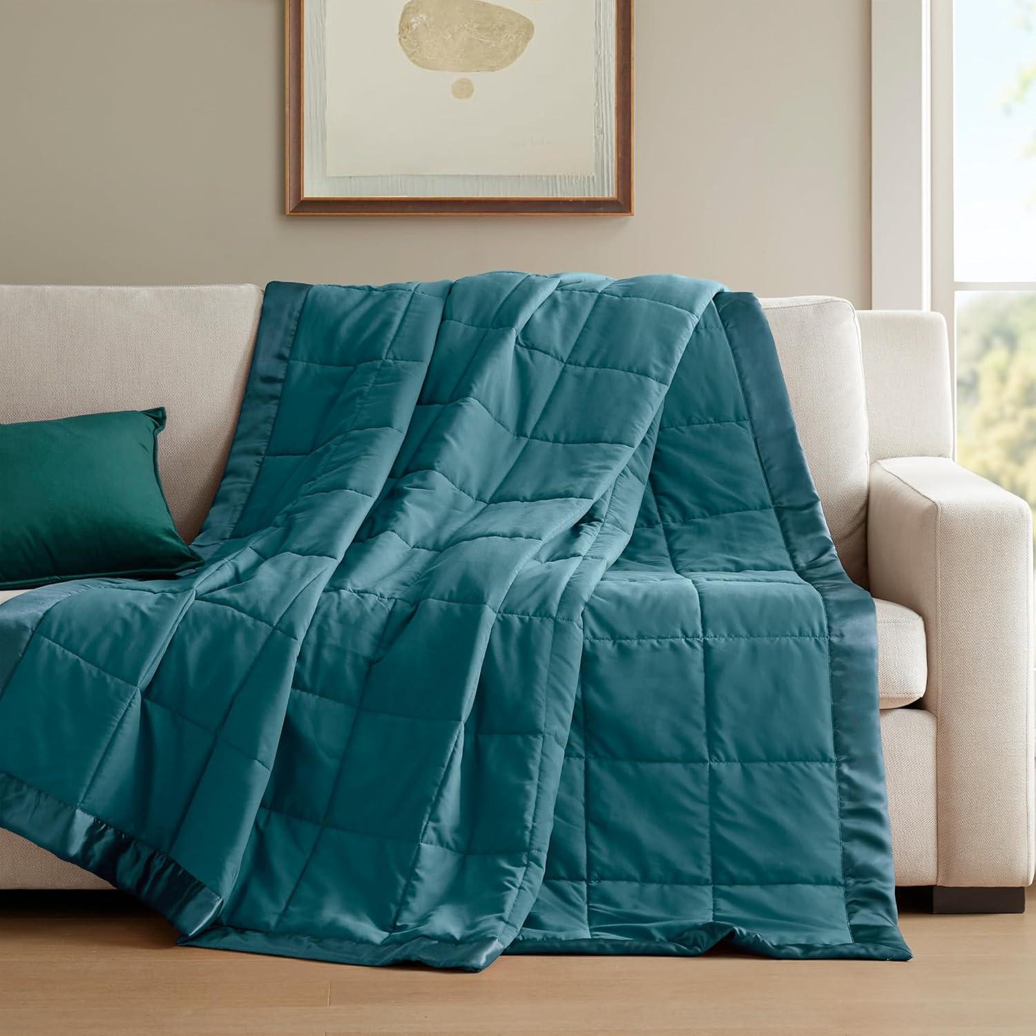 imageMadison Park Twin Blanket Quilted Microfiber Satin Binding 3M Scotchgard Moisture Wicking Treatment Soft and Lightweight Summer Blanket for Couch Windom Twin OrangeSatin Trim Teal