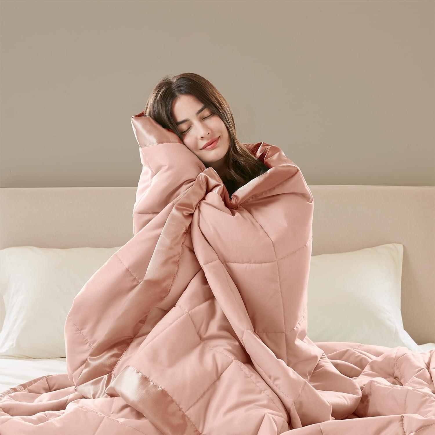 imageMadison Park Twin Blanket Quilted Microfiber Satin Binding 3M Scotchgard Moisture Wicking Treatment Soft and Lightweight Summer Blanket for Couch Windom Twin OrangeSatin Trim Blush