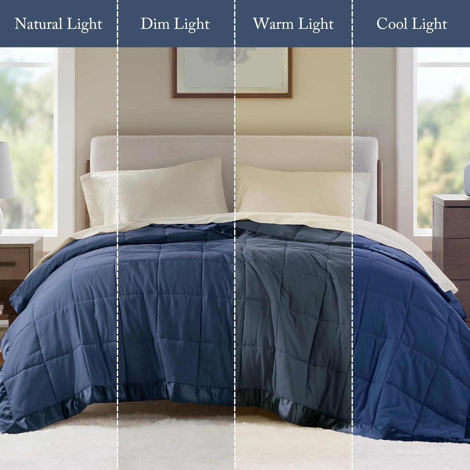 imageMadison Park Twin Blanket Quilted Microfiber Satin Binding 3M Scotchgard Moisture Wicking Treatment Soft and Lightweight Summer Blanket for Couch Windom Twin OrangeSatin Trim Navy