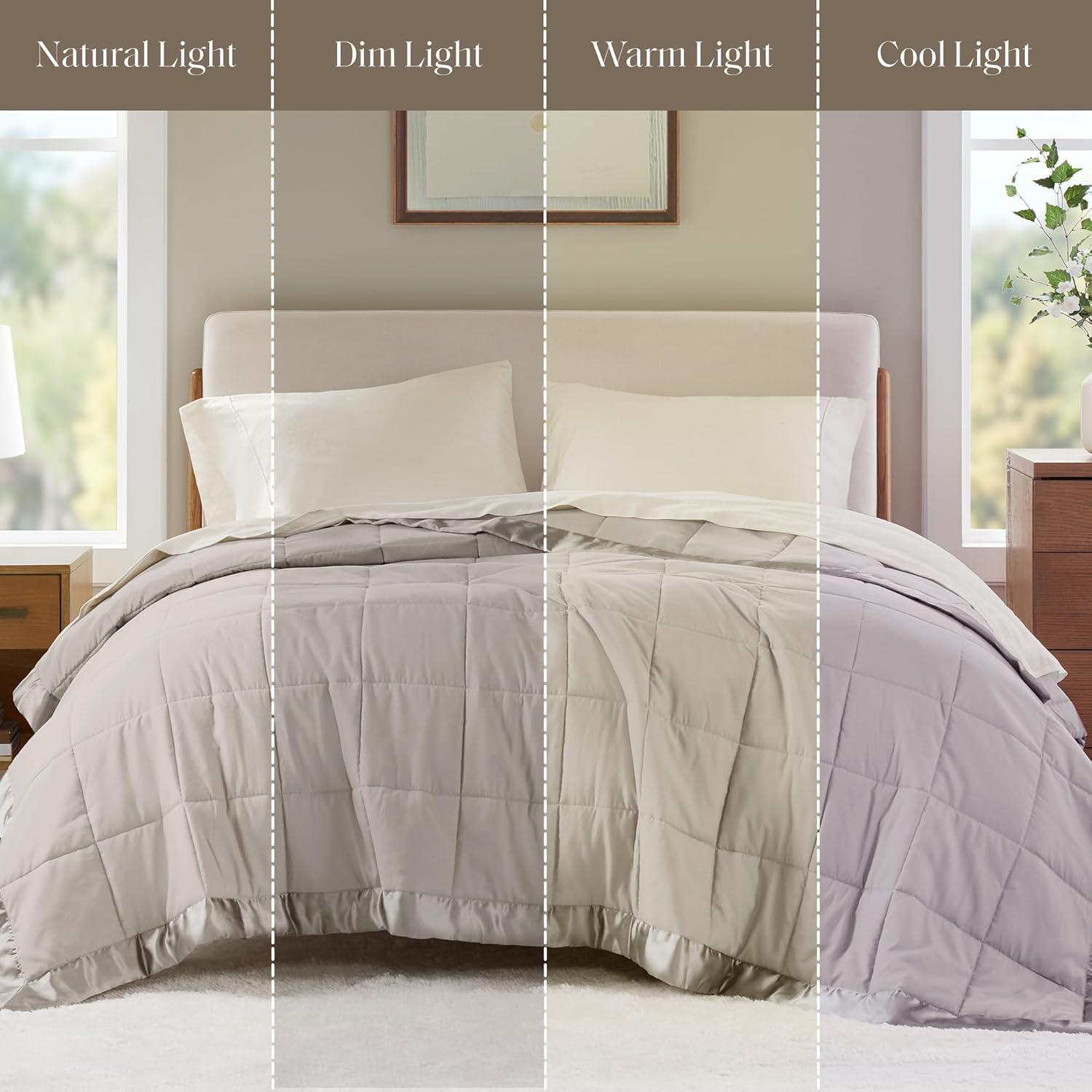 imageMadison Park Twin Blanket Quilted Microfiber Satin Binding 3M Scotchgard Moisture Wicking Treatment Soft and Lightweight Summer Blanket for Couch Windom Twin OrangeSatin Trim Warm Grey