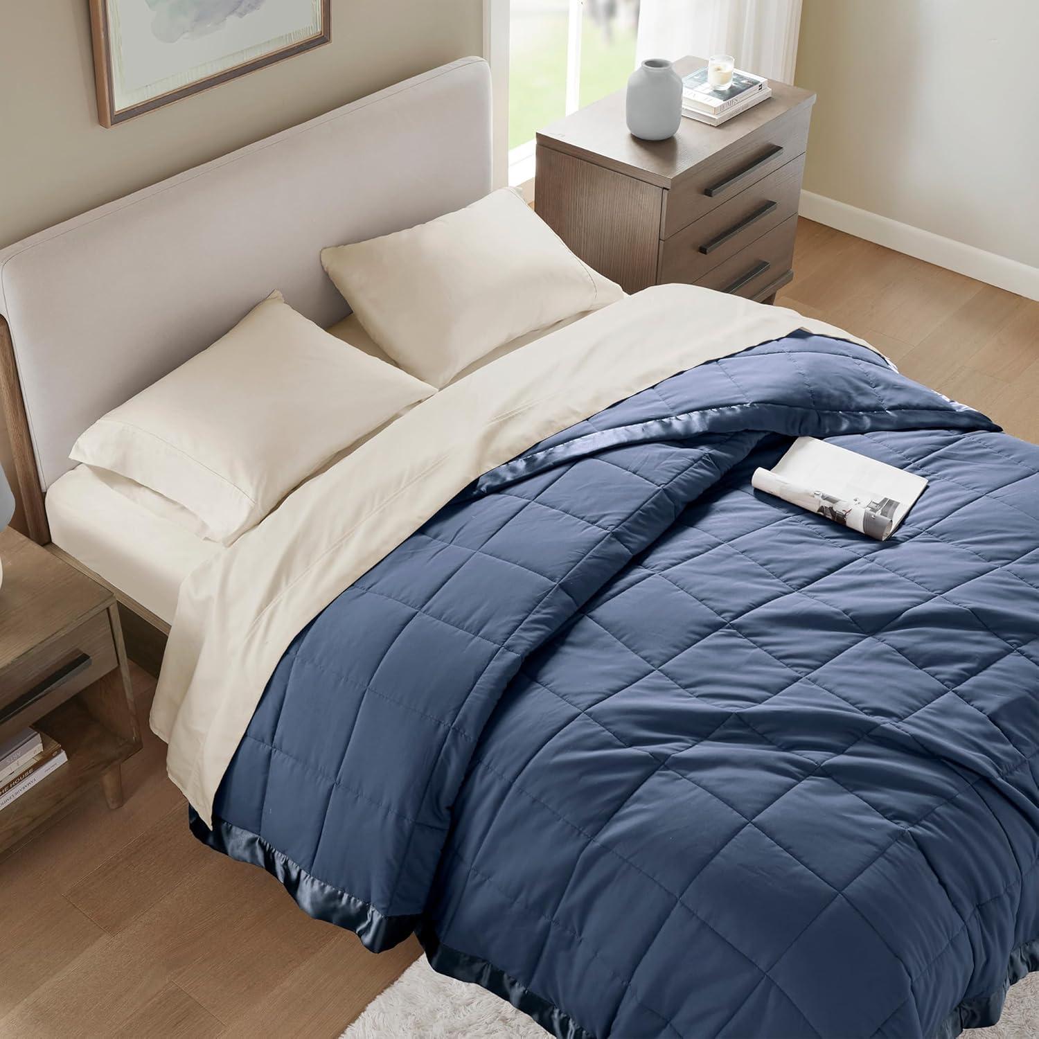 imageMadison Park Twin Blanket Quilted Microfiber Satin Binding 3M Scotchgard Moisture Wicking Treatment Soft and Lightweight Summer Blanket for Couch Windom Twin OrangeSatin Trim Navy