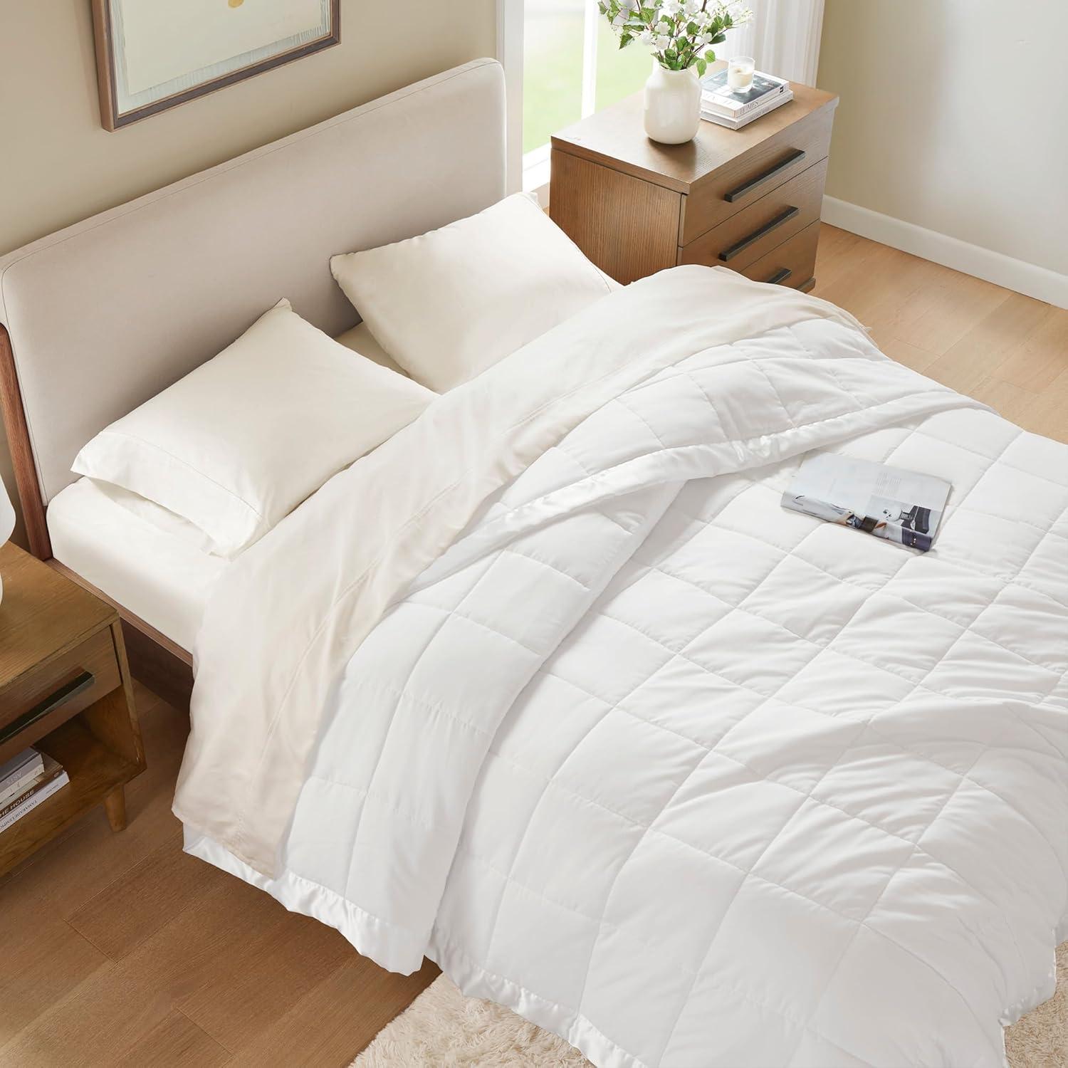 imageMadison Park Twin Blanket Quilted Microfiber Satin Binding 3M Scotchgard Moisture Wicking Treatment Soft and Lightweight Summer Blanket for Couch Windom Twin OrangeSatin Trim White
