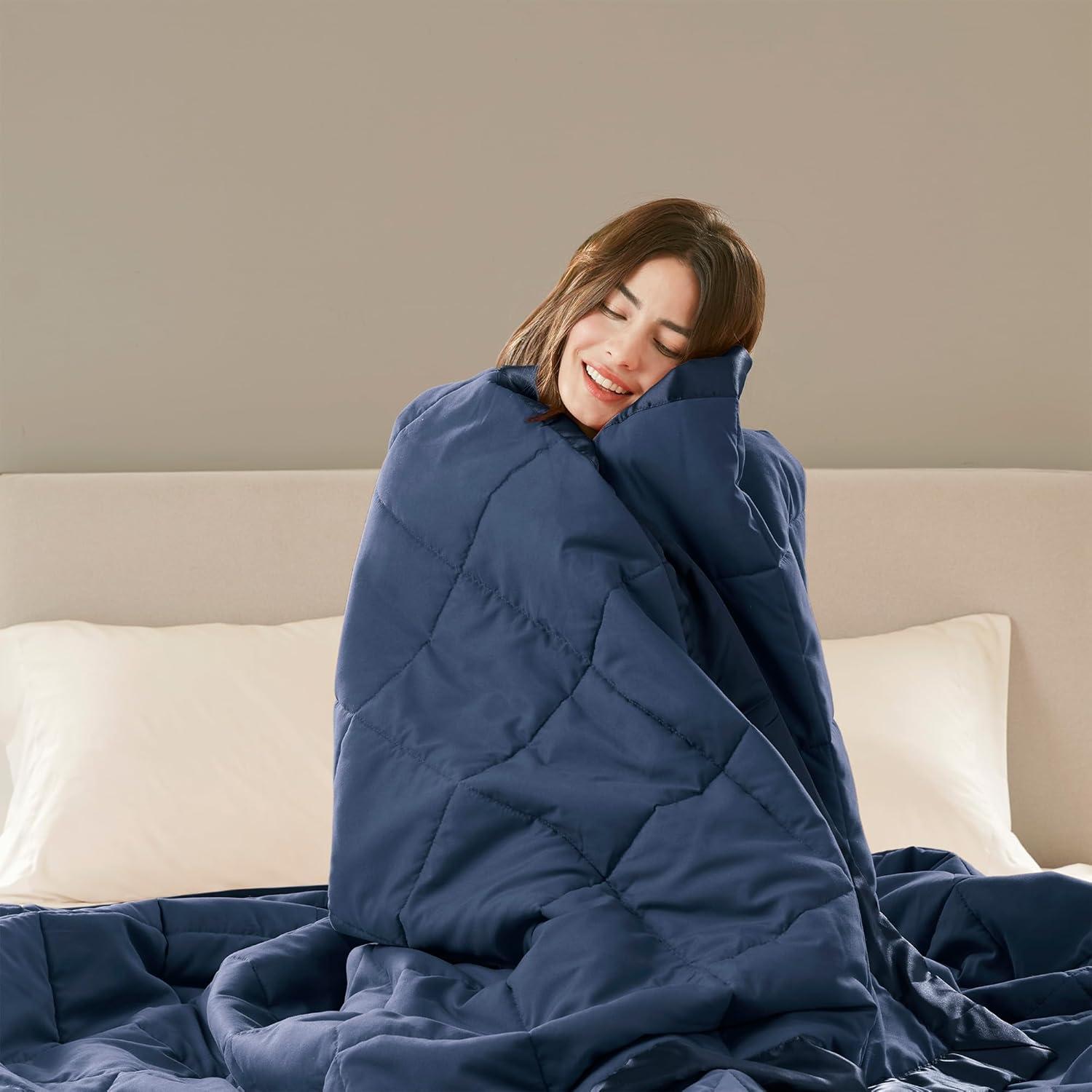 imageMadison Park Twin Blanket Quilted Microfiber Satin Binding 3M Scotchgard Moisture Wicking Treatment Soft and Lightweight Summer Blanket for Couch Windom Twin OrangeSatin Trim Navy