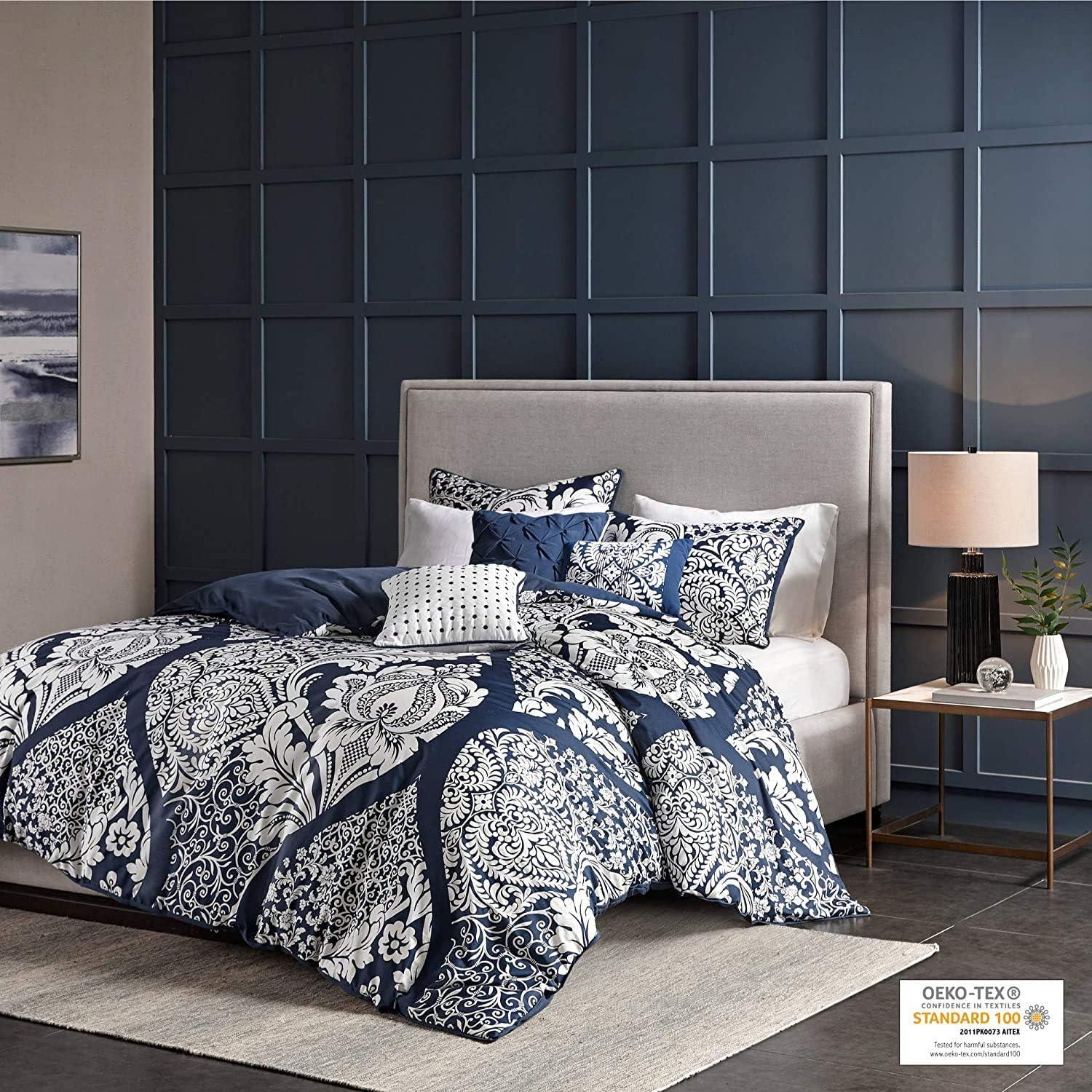 imageMadison Park Vienna Cotton Poly Blend Duvet Set Classic Traditional Design Cozy All Season Comforter Cover Matching Shams Decorative Pillows Vienna FullQueen90quotx90quot Indigo 6 PieceIndigoWhite