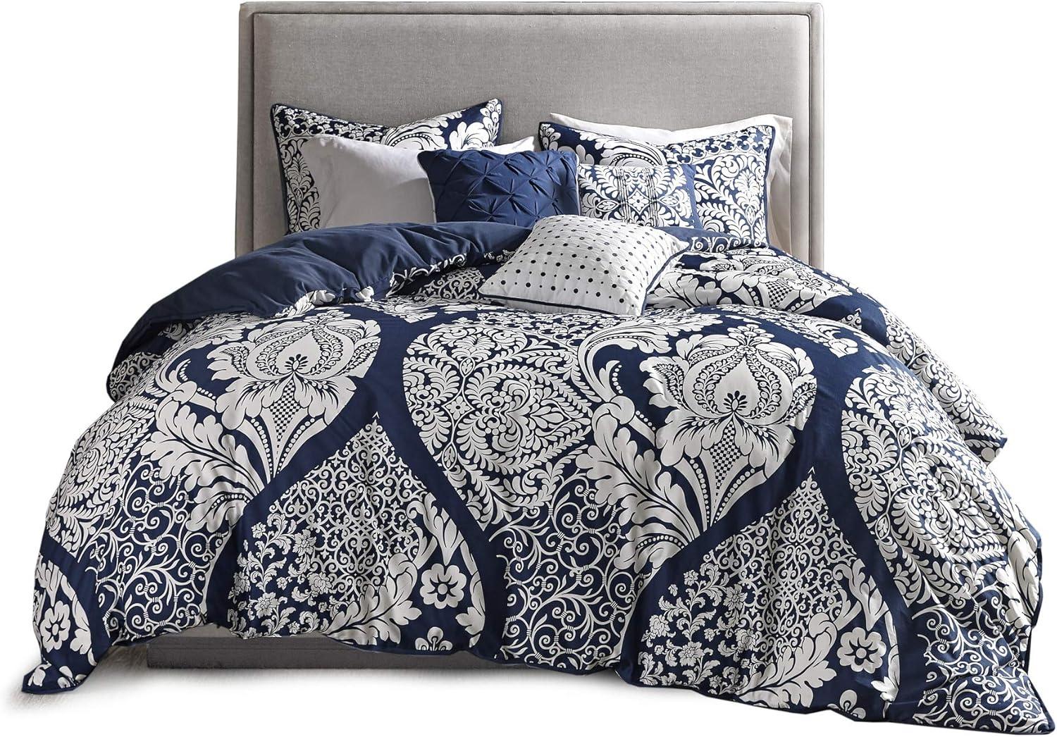 imageMadison Park Vienna Cotton Poly Blend Duvet Set Classic Traditional Design Cozy All Season Comforter Cover Matching Shams Decorative Pillows Vienna FullQueen90quotx90quot Indigo 6 PieceIndigoWhite