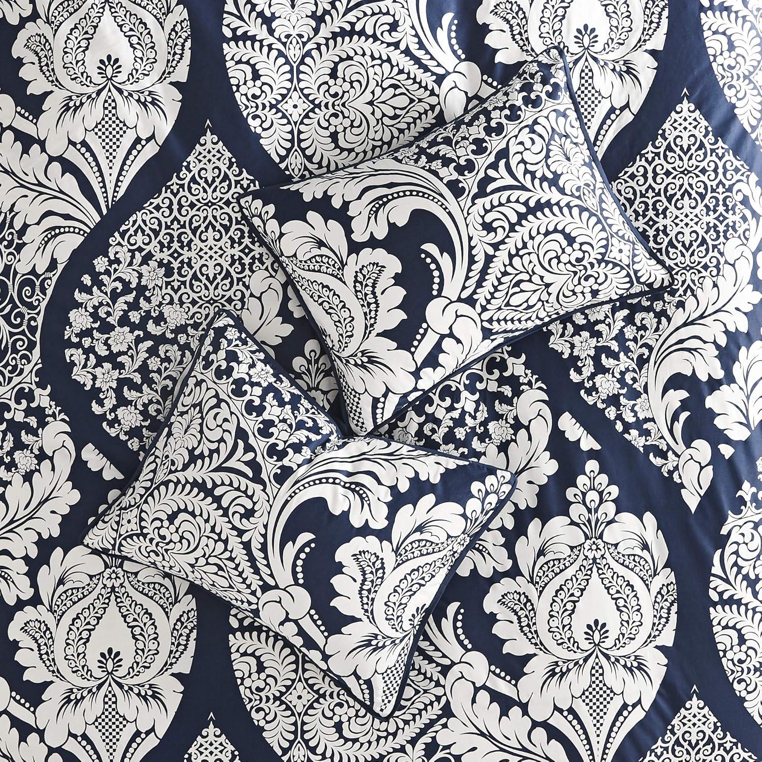imageMadison Park Vienna Cotton Poly Blend Duvet Set Classic Traditional Design Cozy All Season Comforter Cover Matching Shams Decorative Pillows Vienna FullQueen90quotx90quot Indigo 6 PieceIndigoWhite
