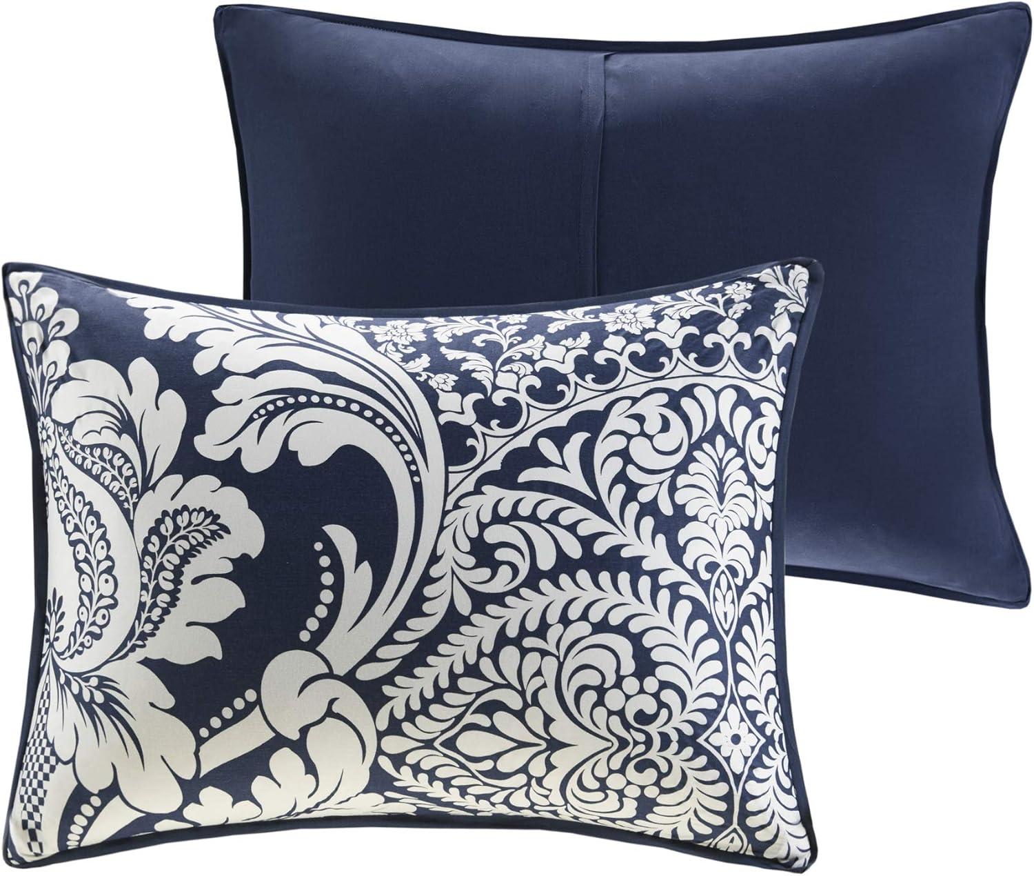 imageMadison Park Vienna Cotton Poly Blend Duvet Set Classic Traditional Design Cozy All Season Comforter Cover Matching Shams Decorative Pillows Vienna FullQueen90quotx90quot Indigo 6 PieceIndigoWhite