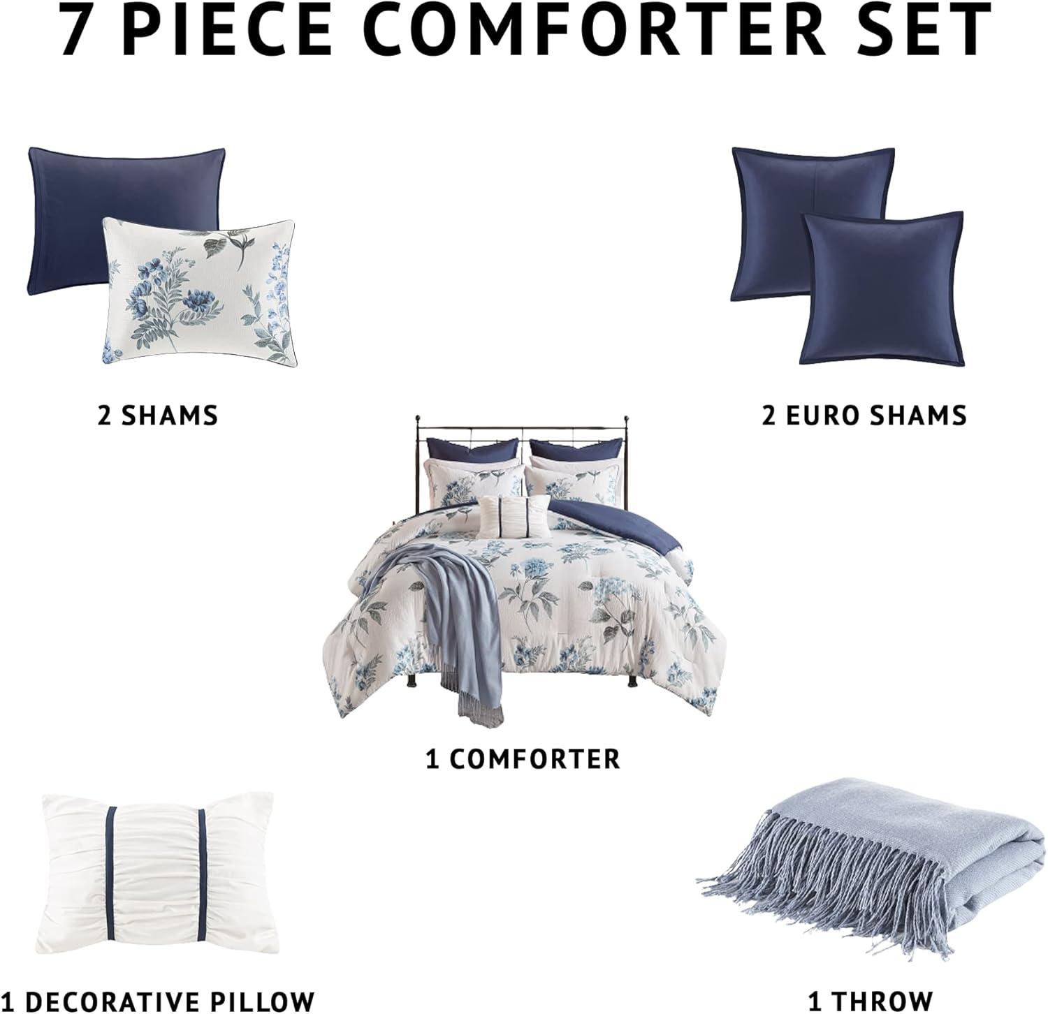 imageMadison Park Zennia Farmhouse Comforter Set with ThrowBlanket Floral Print on Seersucker Textures All Season Bedding Matching Shams Toss Pillows KingCal King104quotx92quot Blue 7 PieceZennia Blue