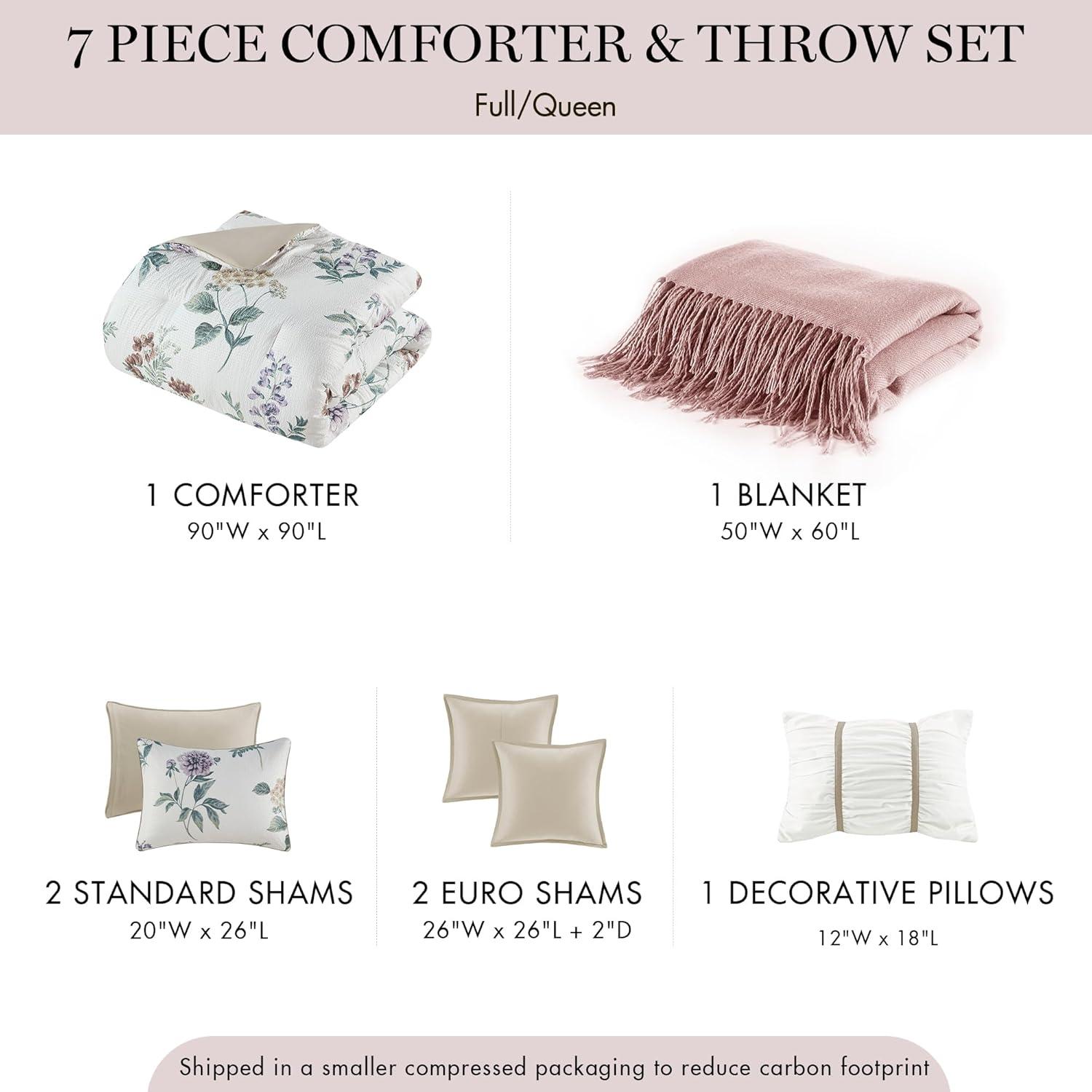 imageMadison Park Zennia Farmhouse Comforter Set with ThrowBlanket Floral Print on Seersucker Textures All Season Bedding Matching Shams Toss Pillows KingCal King104quotx92quot Blue 7 PieceZennia TaupeBlush