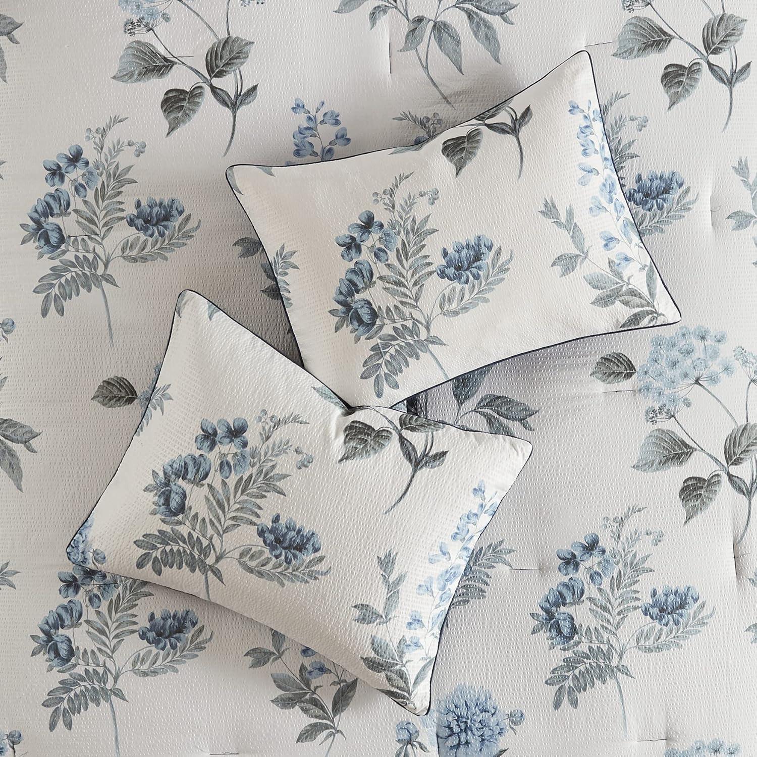 imageMadison Park Zennia Farmhouse Comforter Set with ThrowBlanket Floral Print on Seersucker Textures All Season Bedding Matching Shams Toss Pillows KingCal King104quotx92quot Blue 7 PieceZennia Blue