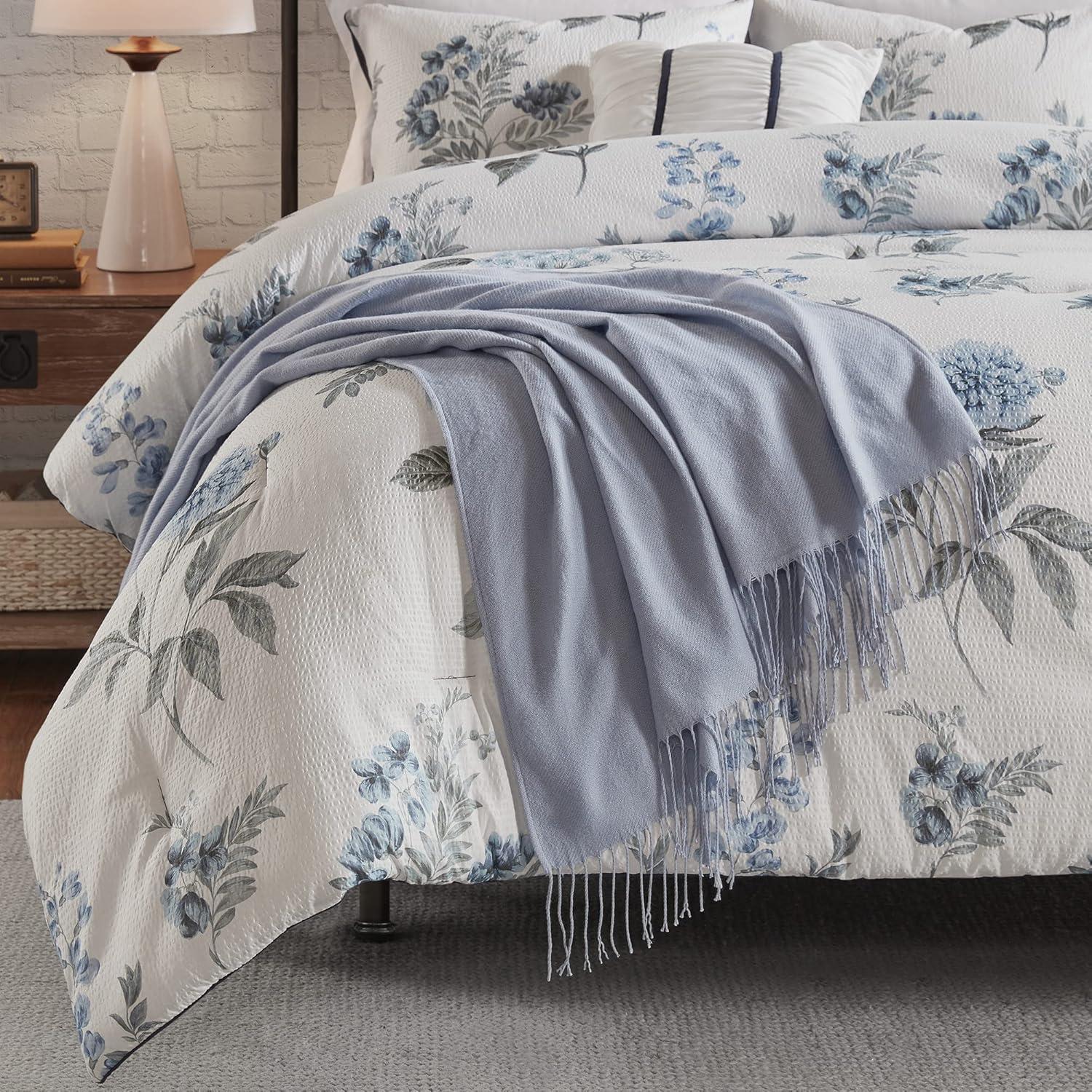 imageMadison Park Zennia Farmhouse Comforter Set with ThrowBlanket Floral Print on Seersucker Textures All Season Bedding Matching Shams Toss Pillows KingCal King104quotx92quot Blue 7 PieceZennia Blue