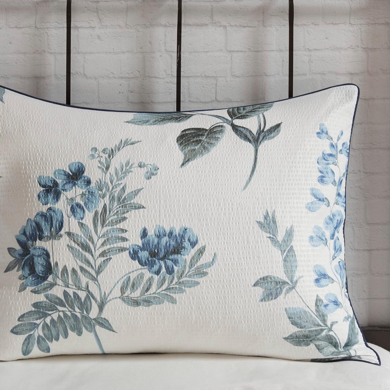 imageMadison Park Zennia Farmhouse Comforter Set with ThrowBlanket Floral Print on Seersucker Textures All Season Bedding Matching Shams Toss Pillows KingCal King104quotx92quot Blue 7 PieceZennia Blue