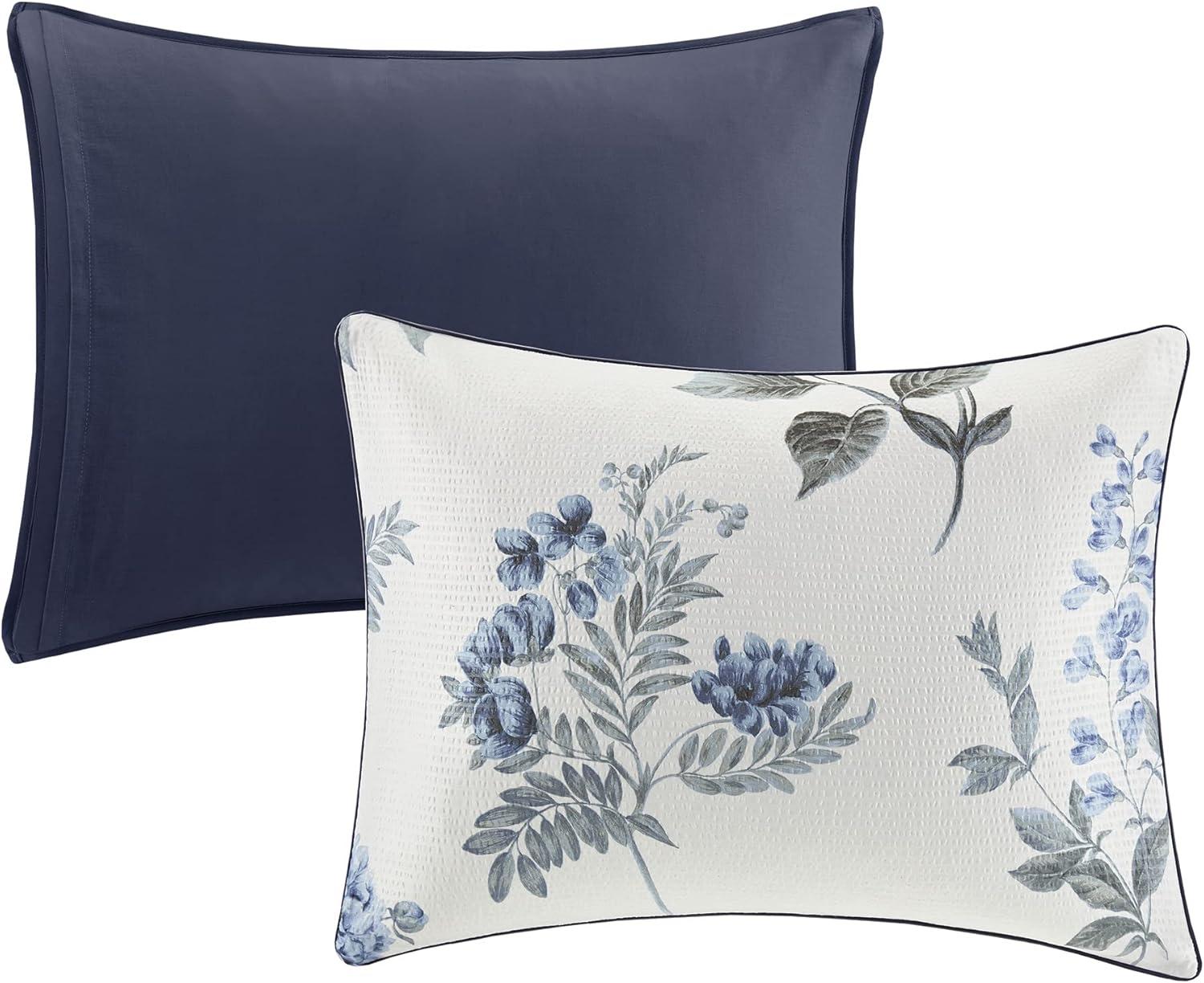 imageMadison Park Zennia Farmhouse Comforter Set with ThrowBlanket Floral Print on Seersucker Textures All Season Bedding Matching Shams Toss Pillows KingCal King104quotx92quot Blue 7 PieceZennia Blue