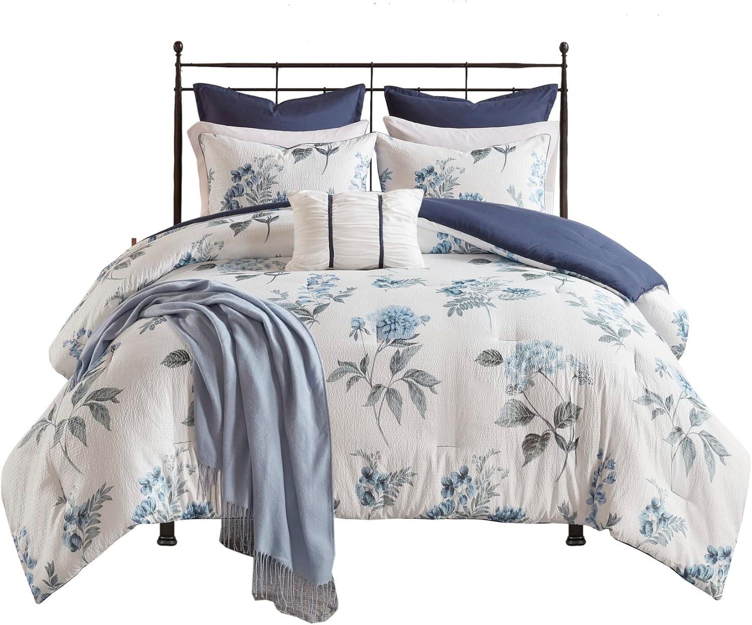 imageMadison Park Zennia Farmhouse Comforter Set with ThrowBlanket Floral Print on Seersucker Textures All Season Bedding Matching Shams Toss Pillows KingCal King104quotx92quot Blue 7 PieceZennia Blue