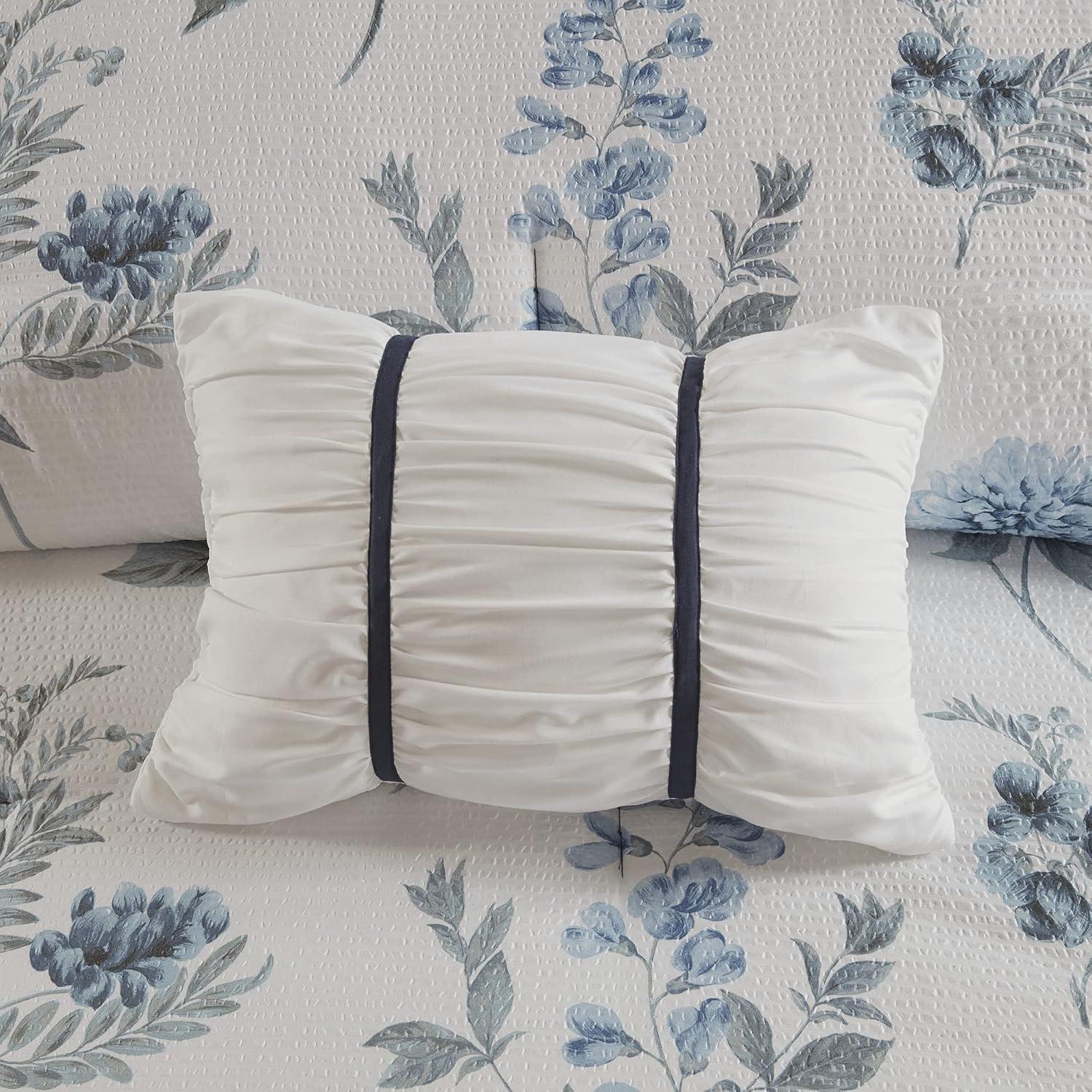 imageMadison Park Zennia Farmhouse Comforter Set with ThrowBlanket Floral Print on Seersucker Textures All Season Bedding Matching Shams Toss Pillows KingCal King104quotx92quot Blue 7 PieceZennia Blue