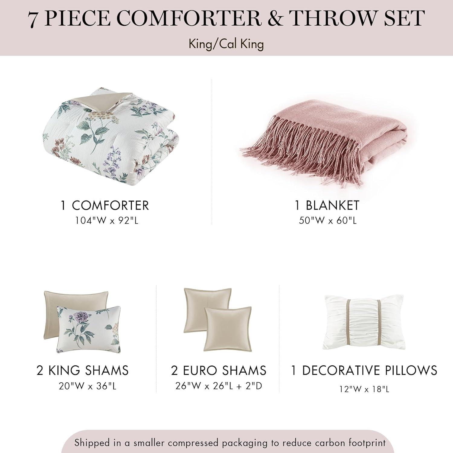 imageMadison Park Zennia Farmhouse Comforter Set with ThrowBlanket Floral Print on Seersucker Textures All Season Bedding Matching Shams Toss Pillows KingCal King104quotx92quot Blue 7 PieceZennia TaupeBlush