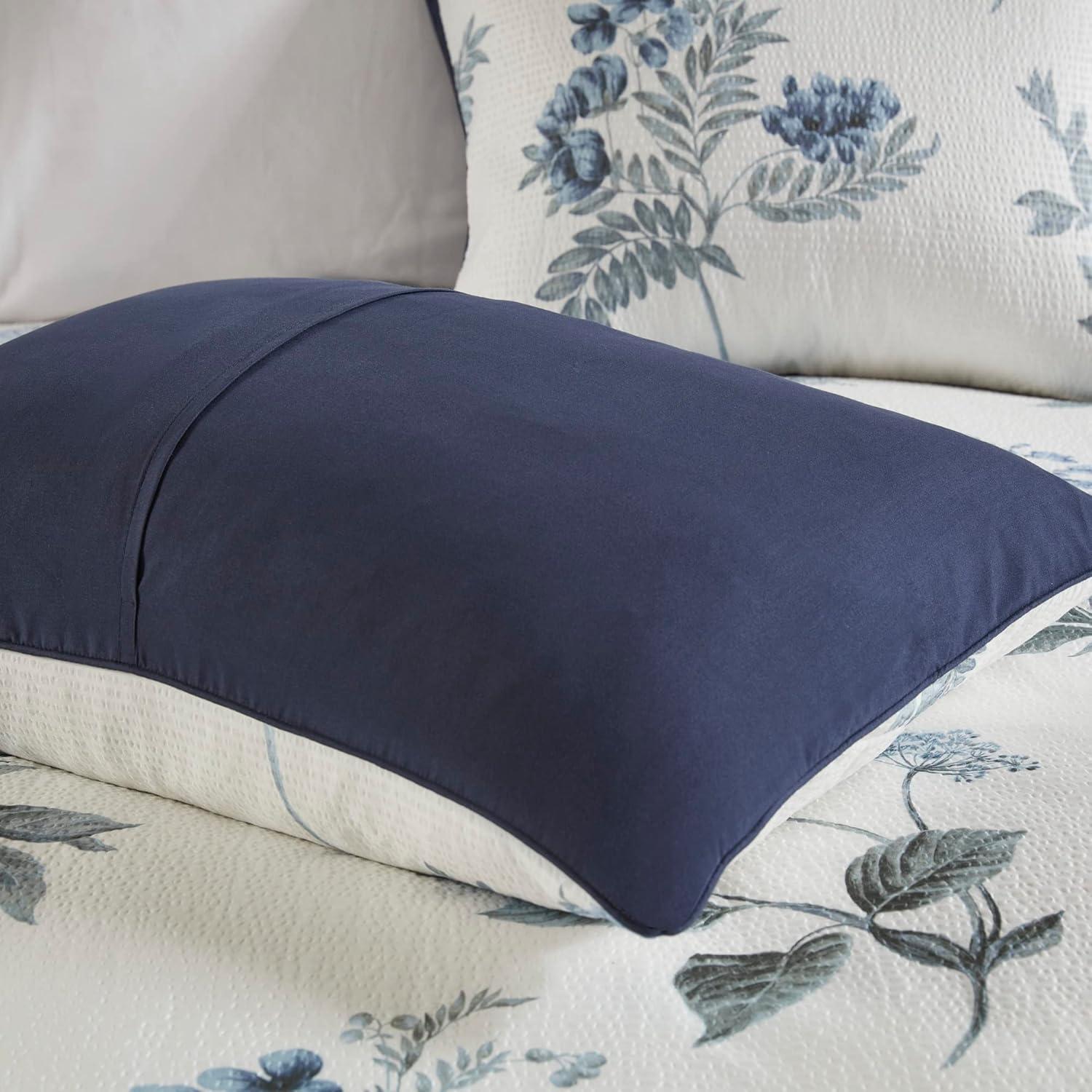 imageMadison Park Zennia Farmhouse Comforter Set with ThrowBlanket Floral Print on Seersucker Textures All Season Bedding Matching Shams Toss Pillows KingCal King104quotx92quot Blue 7 PieceZennia Blue