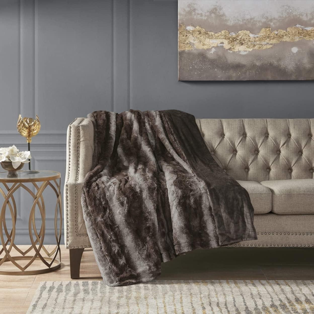 imageMadison Park Zuri Soft Plush Luxury Oversized Faux Fur Throw Animal Stripes Design Faux Mink On The Reverse Modern All Seasons Blanket for Bed Sofa Couch Office Sand 60x70quotBrown